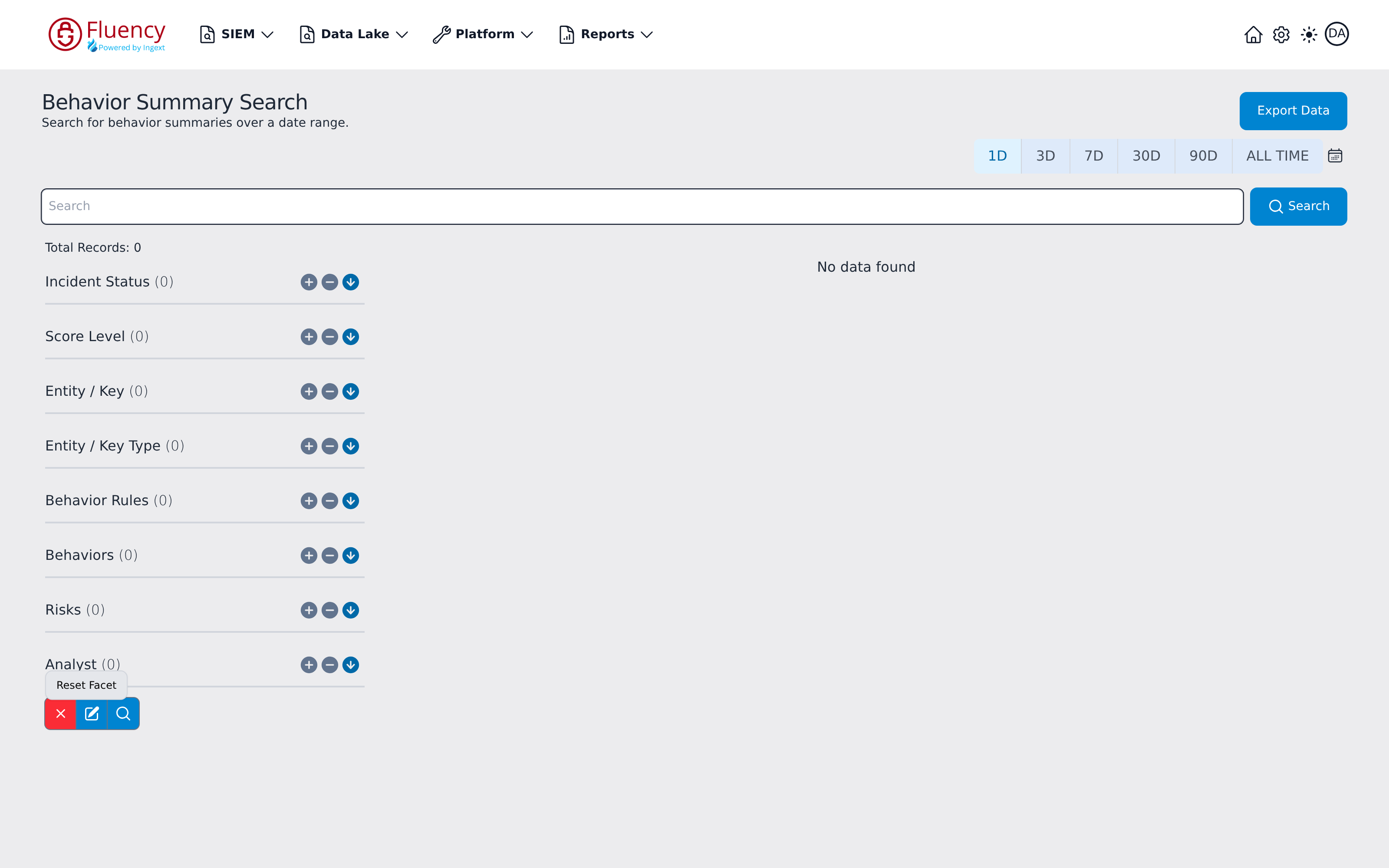 Facet sidebar after clicking the red X button, with the Reset Facet tooltip shown and the Score Level exclusion cleared