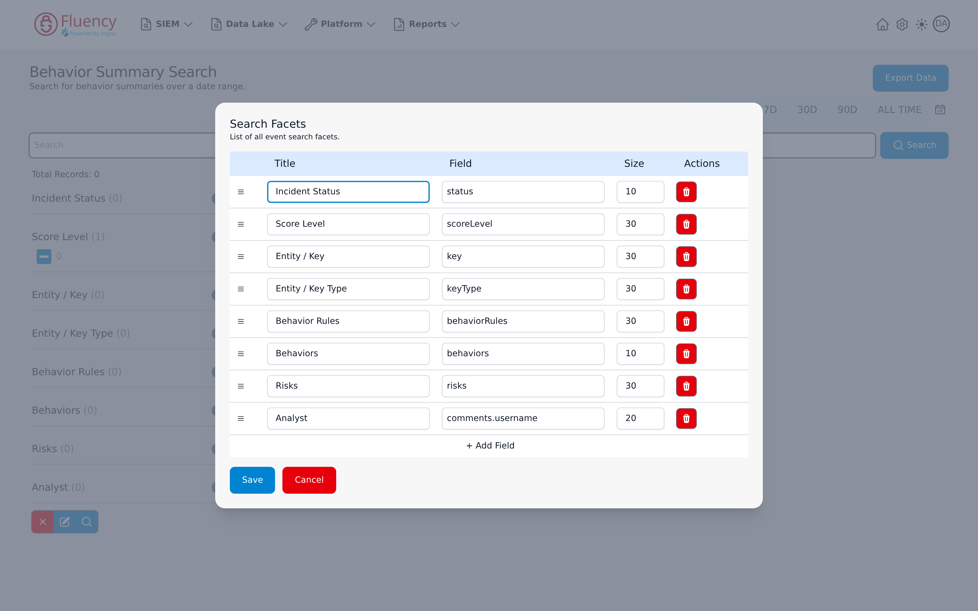 Search Facets dialog listing each facet's title, field, and size with delete buttons, an Add Field row, and Save and Cancel buttons