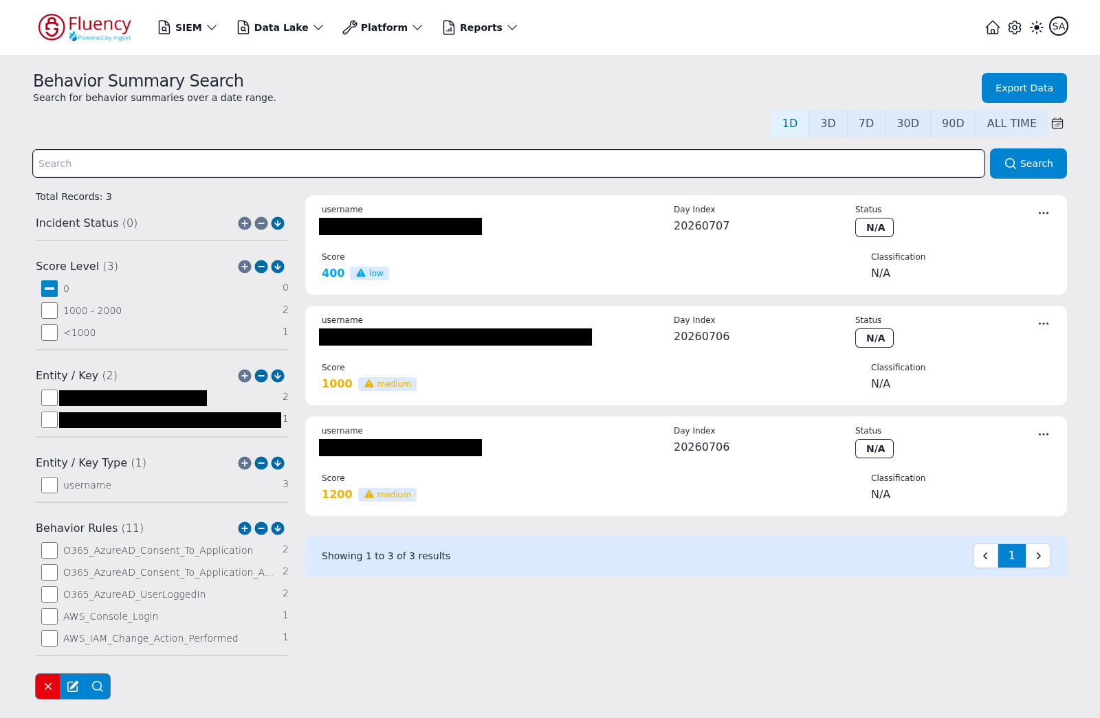 Behavior Summary Search page with the search bar, facet sidebar on the left, and three behavior summary result cards on the right