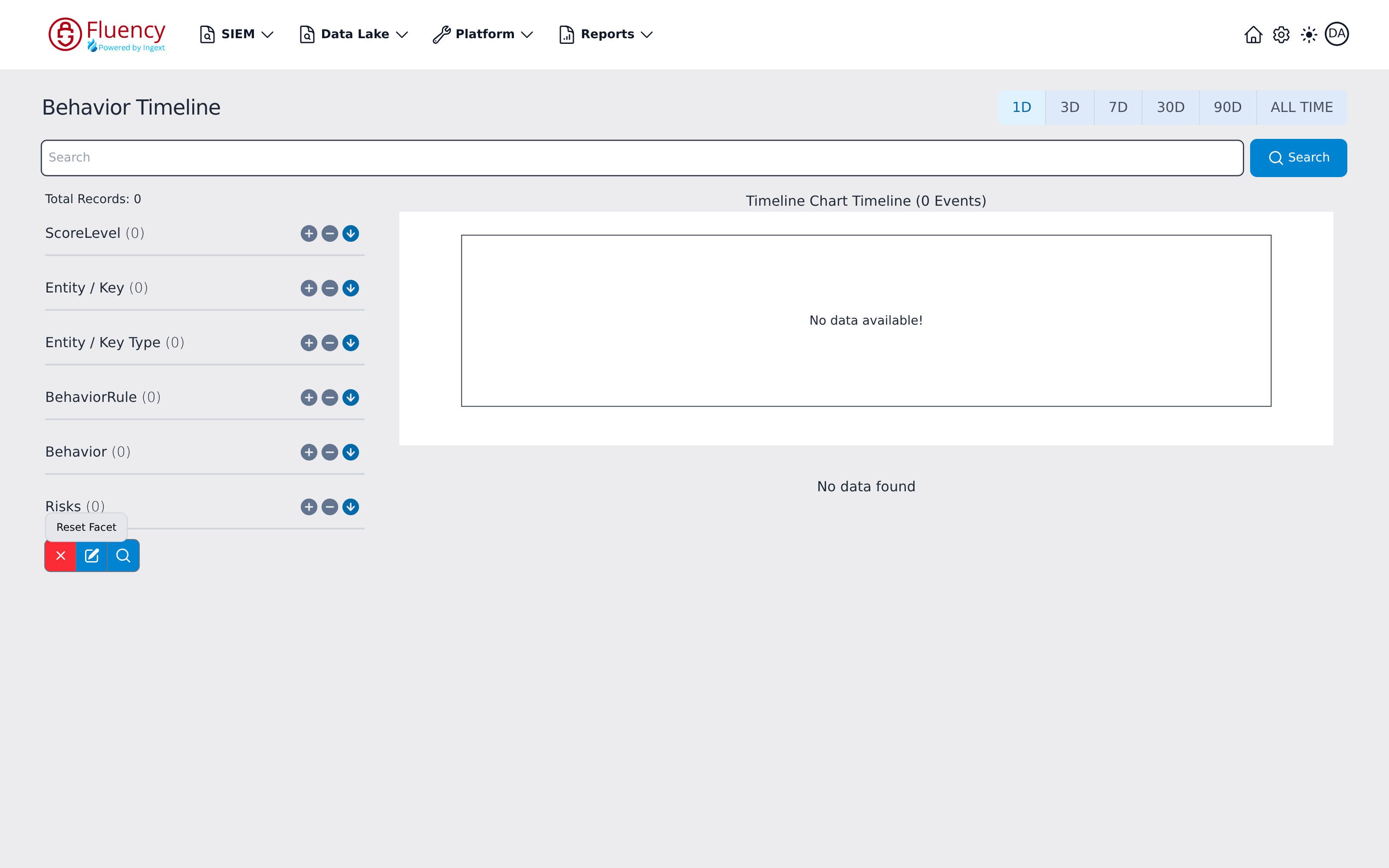 Facet sidebar after clicking the red X button, with the Reset Facet tooltip shown and the ScoreLevel exclusion cleared