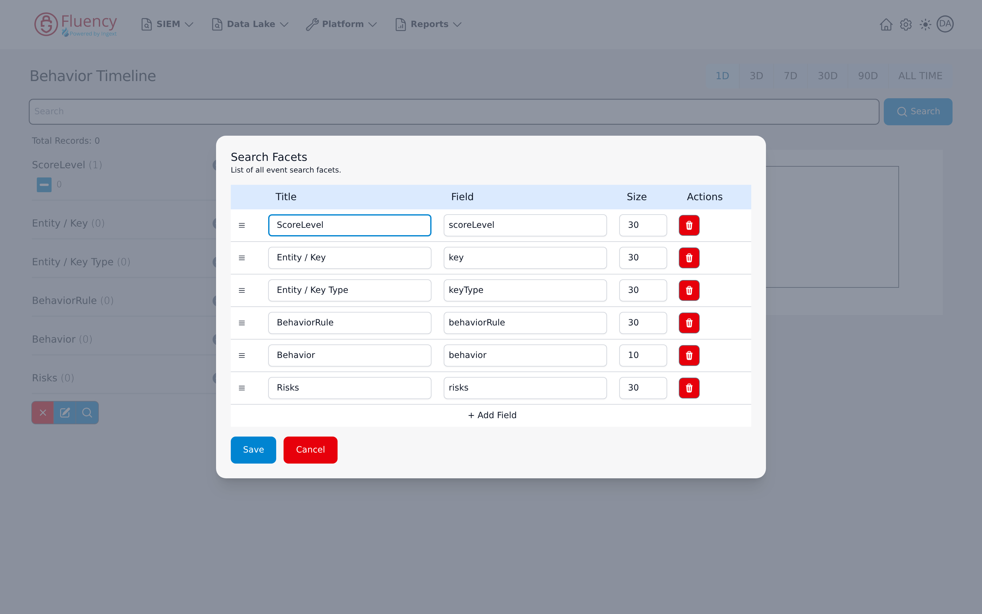 Search Facets dialog for the Behavior Timeline listing each facet's title, field, and size with delete buttons, an Add Field row, and Save and Cancel buttons
