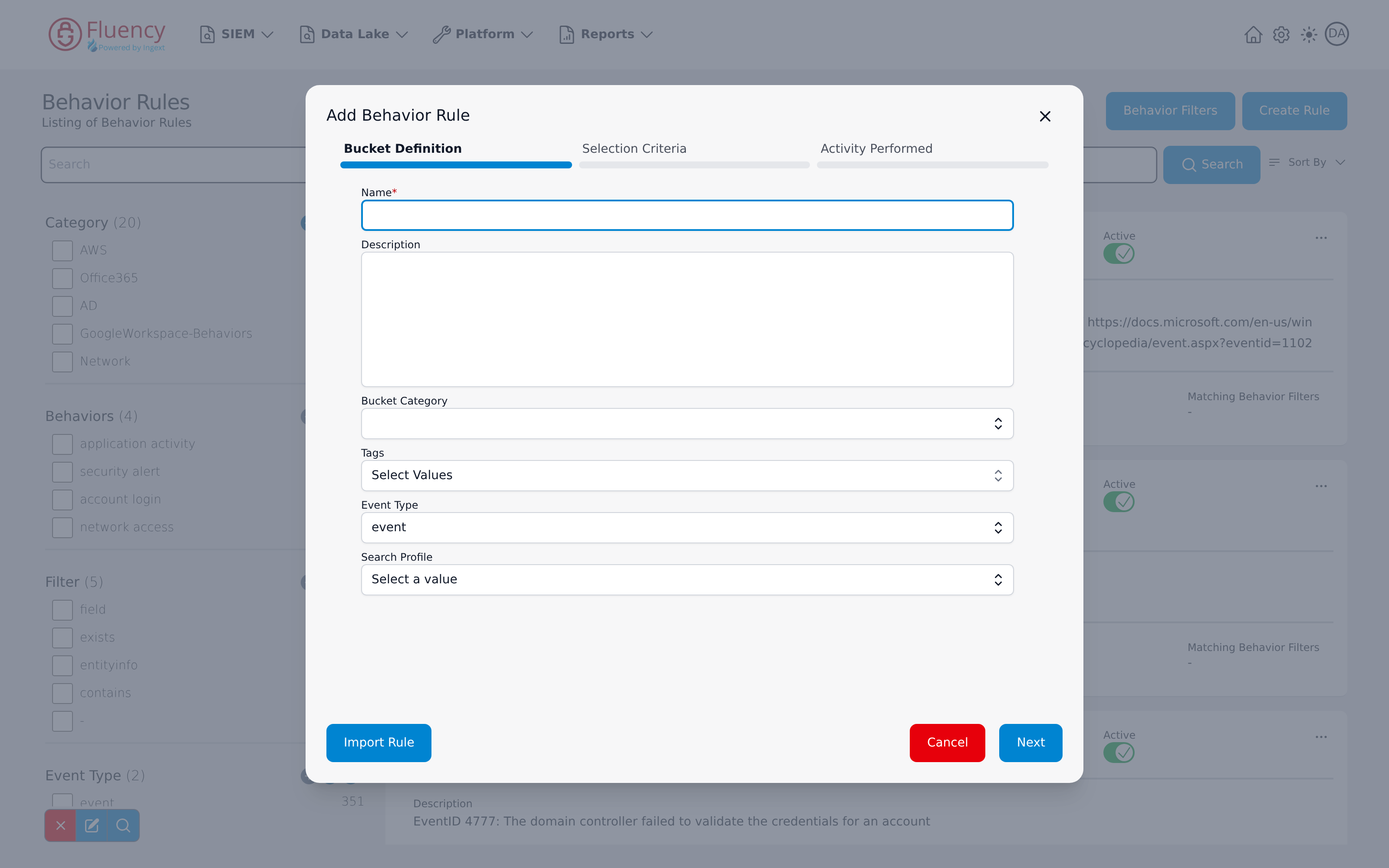 Add Behavior Rule dialog showing the Bucket Definition step with name, description, and classification fields