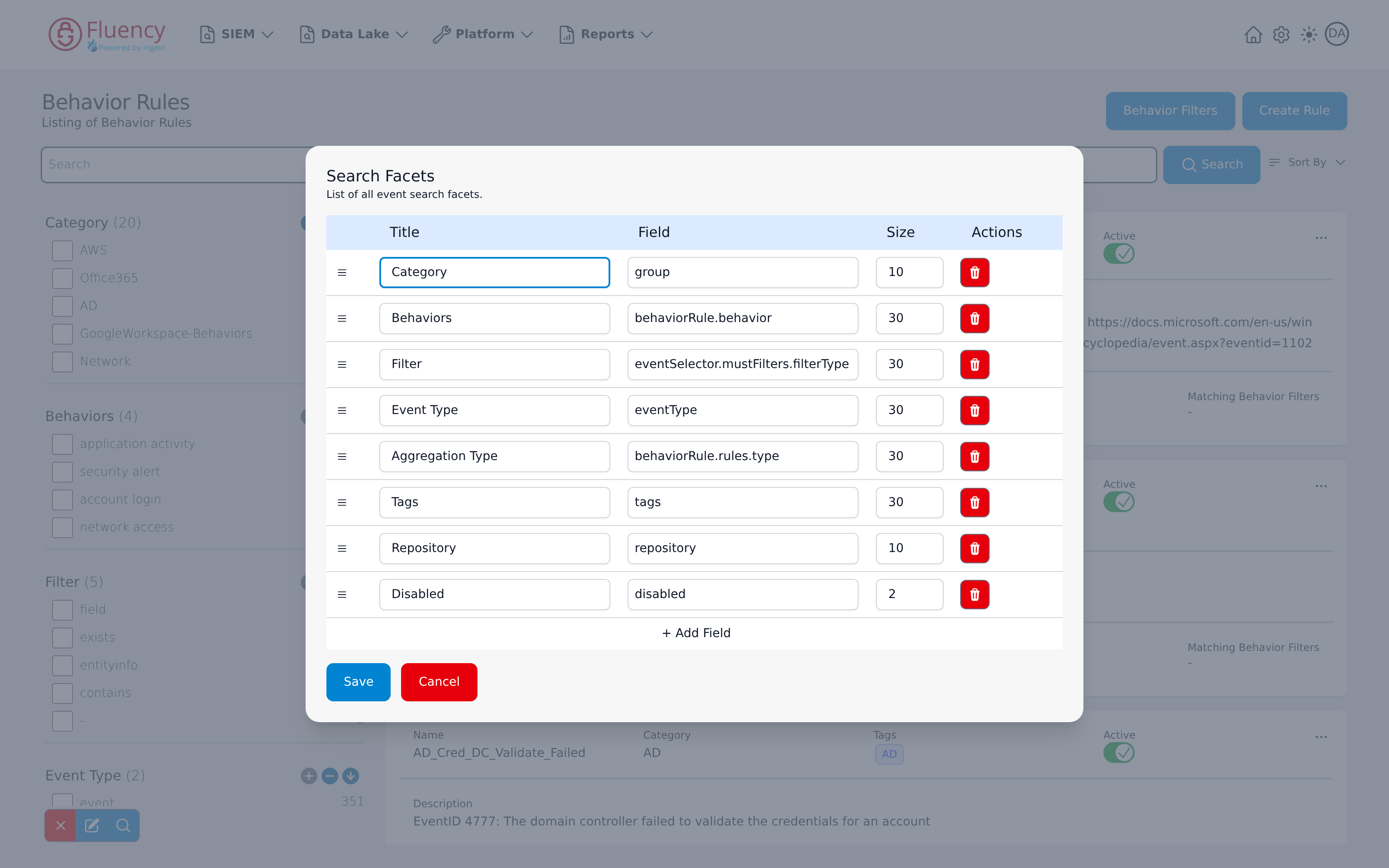 Search Facets dialog listing each facet with its title, backing field, and size