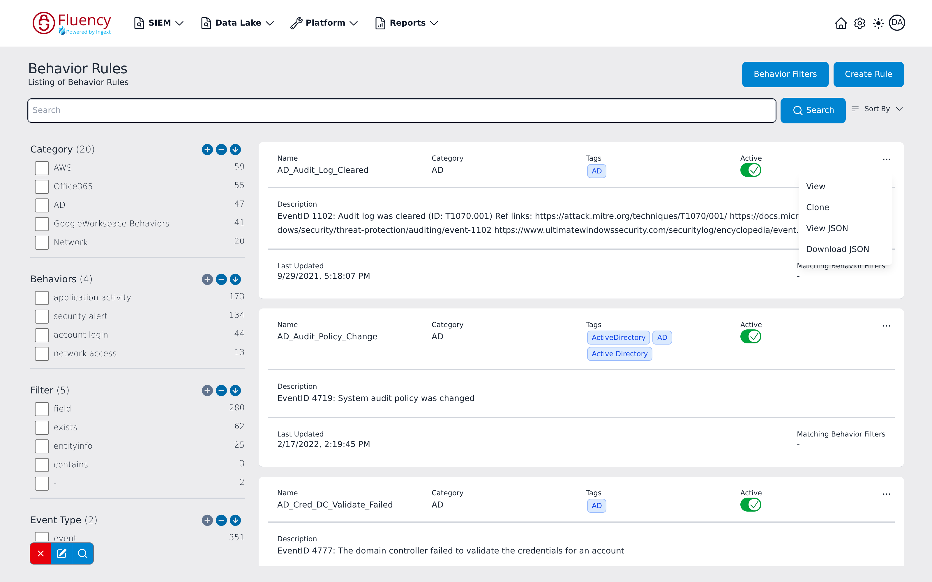 Rule actions menu open on a rule card showing View, Clone, View JSON, and Download JSON