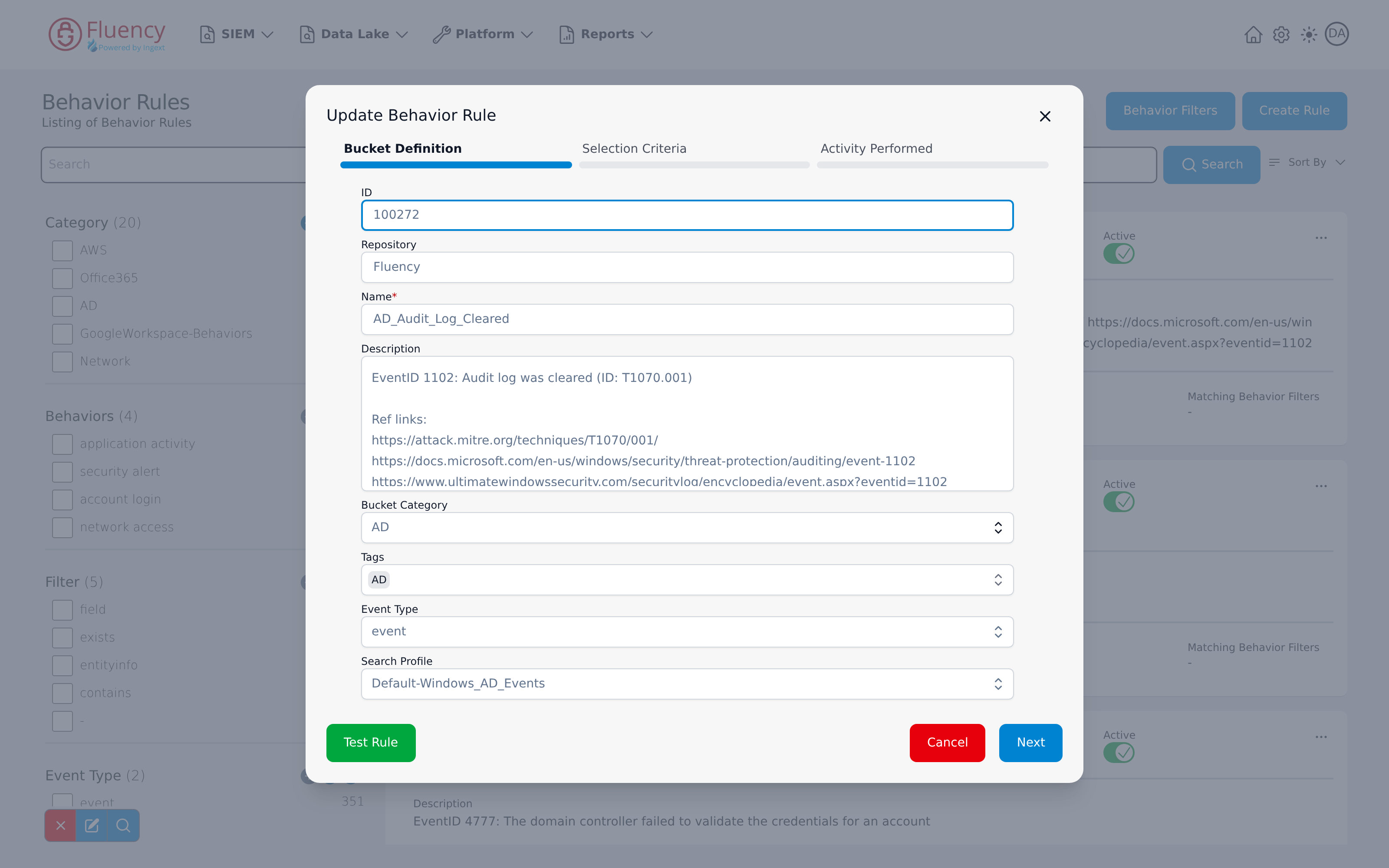 Update Behavior Rule dialog showing the Bucket Definition step pre-filled with the selected rule