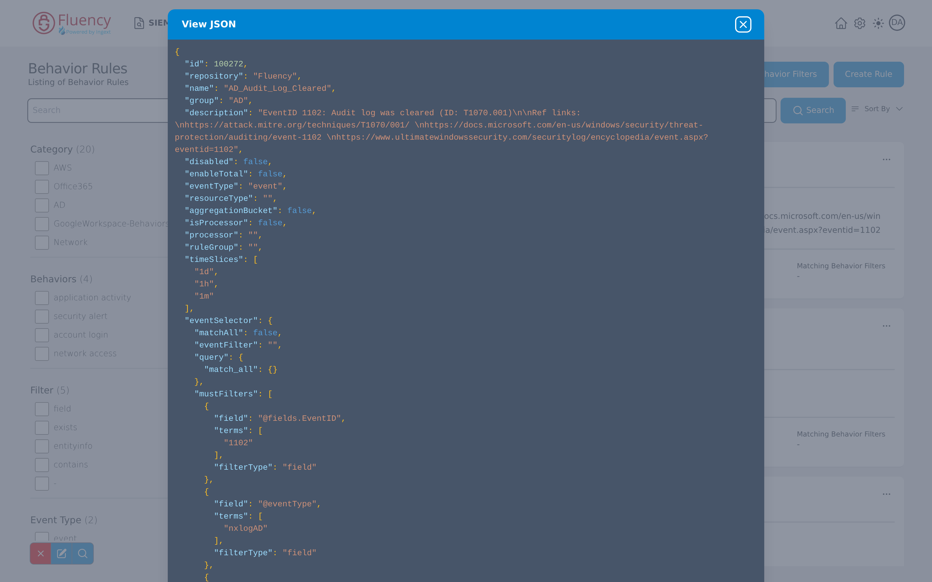 View JSON dialog showing the rule definition as syntax-highlighted JSON