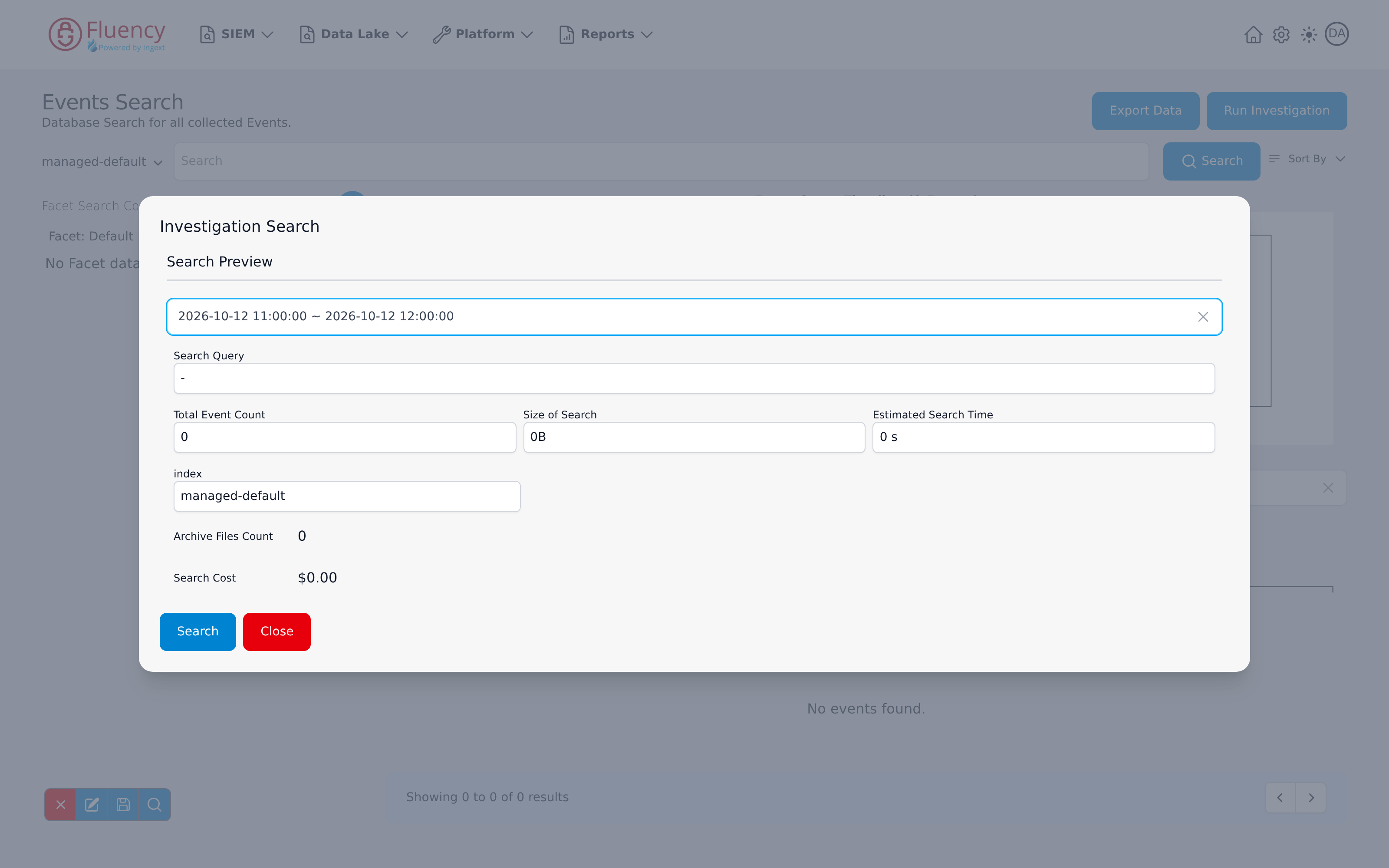Investigation Search dialog showing the Search Preview fields, with Search and Close buttons