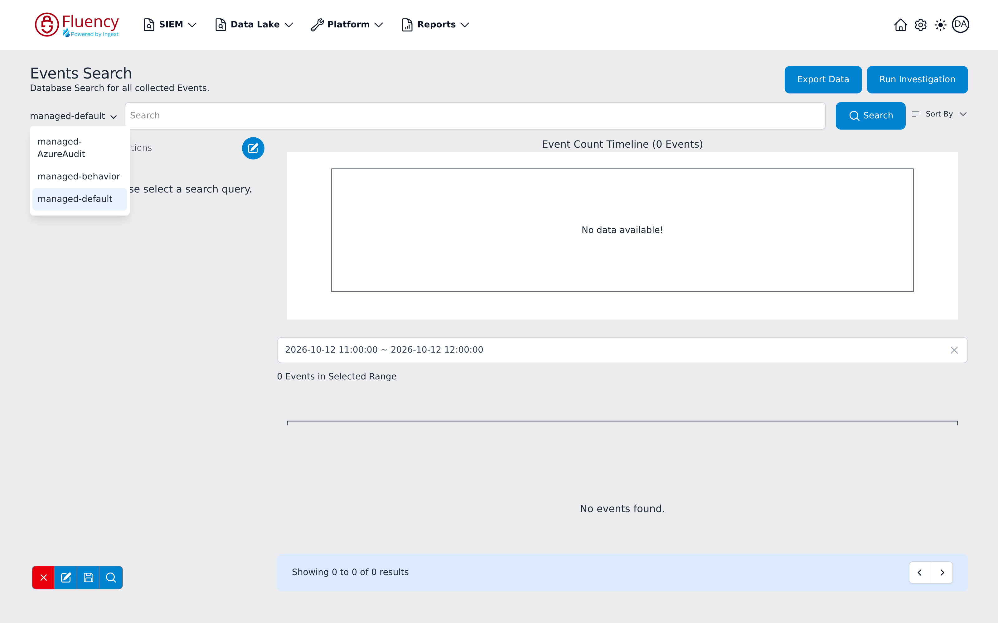 Index selector menu open, listing managed-AzureAudit, managed-behavior and managed-default, with managed-default highlighted