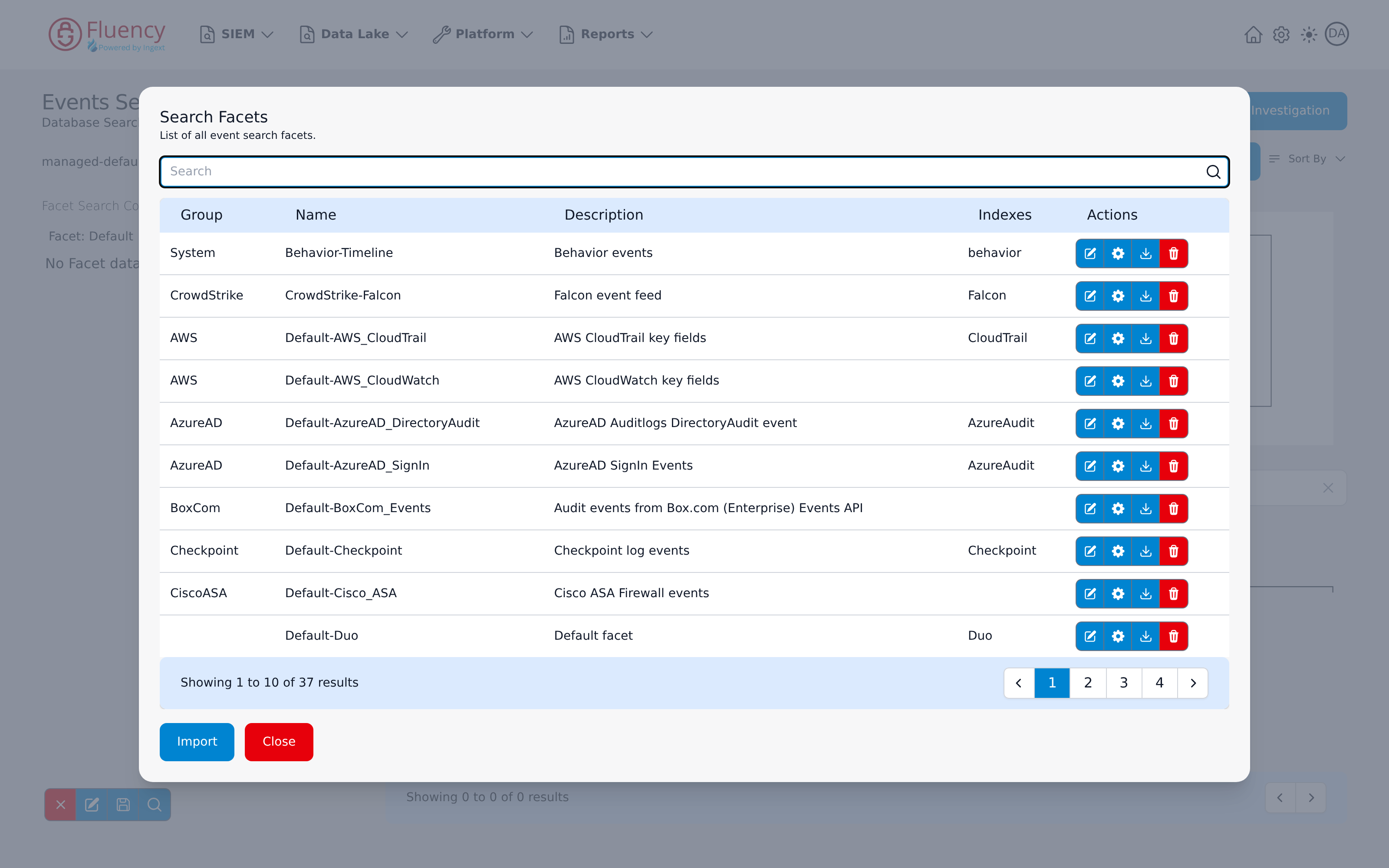 Search Facets dialog listing saved facet definitions with per-row action buttons and Import and Close buttons
