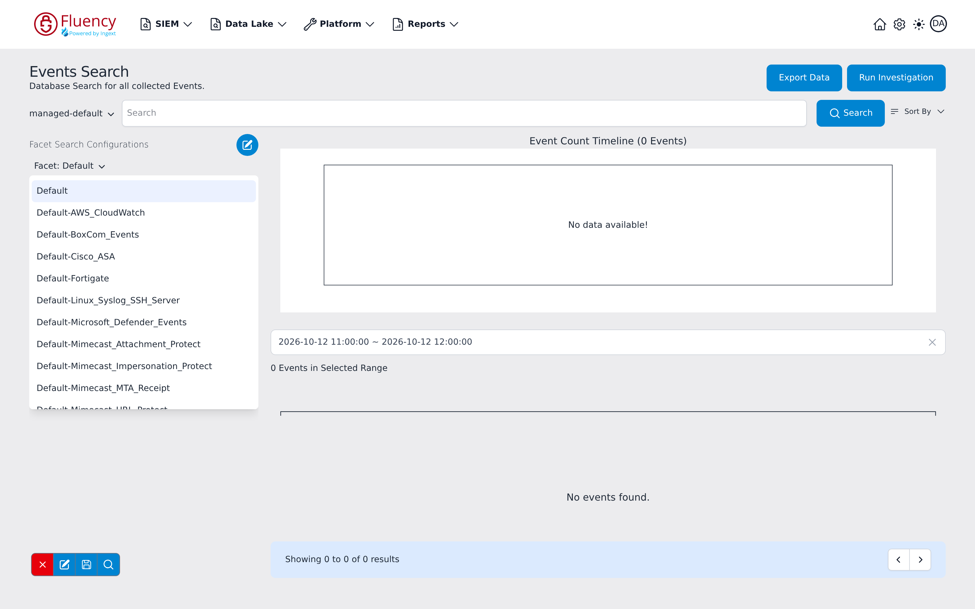 Facet configuration menu open on managed-default, listing the Default configuration and per-source default configurations