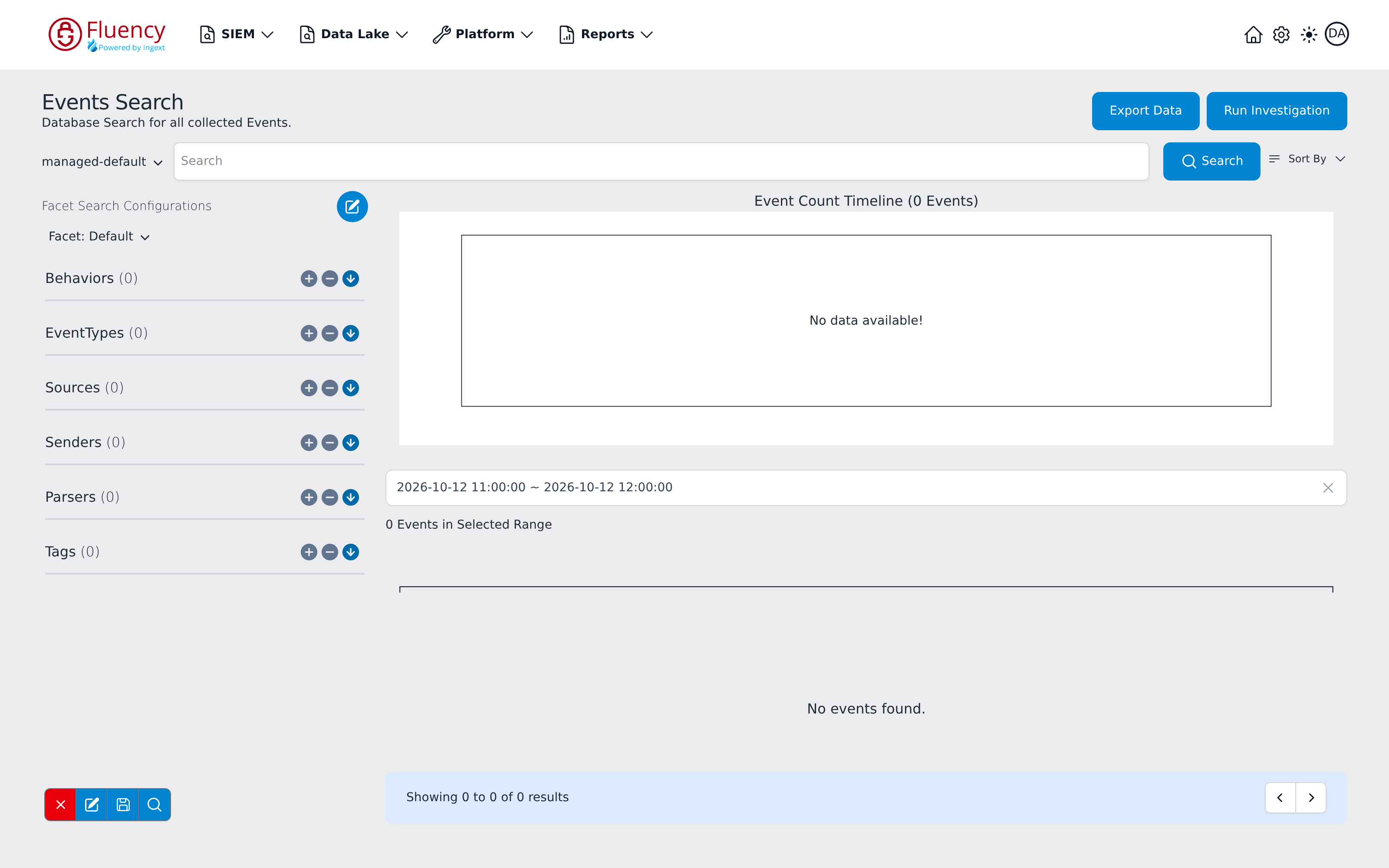 Facet panel after selecting the Default configuration, showing its facet groups with zero counts