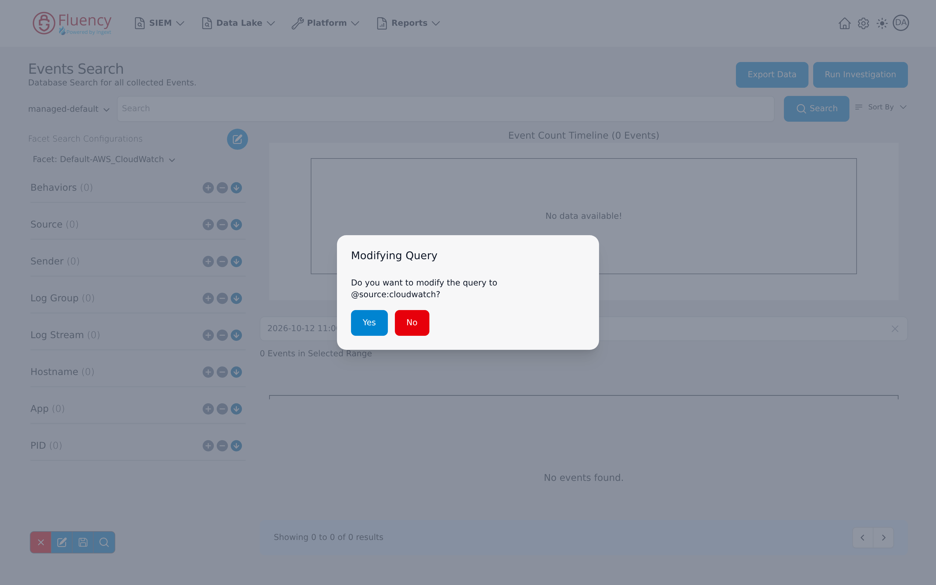 Modifying Query confirmation asking to change the query to the cloudwatch source filter, shown over the Default-AWS_CloudWatch facet groups