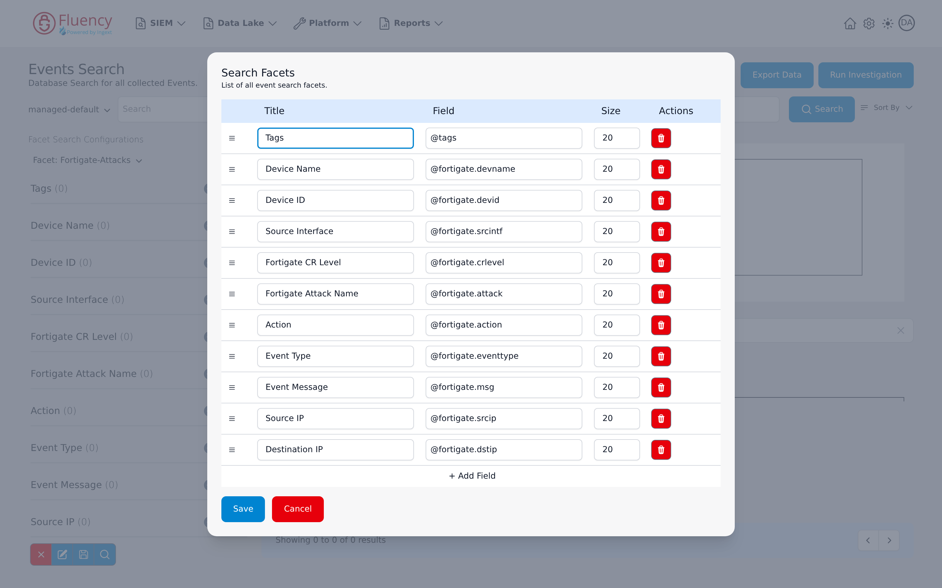 Search Facets field editor listing the Fortigate-Attacks configuration's facet fields with Title, Field, Size, and Actions columns