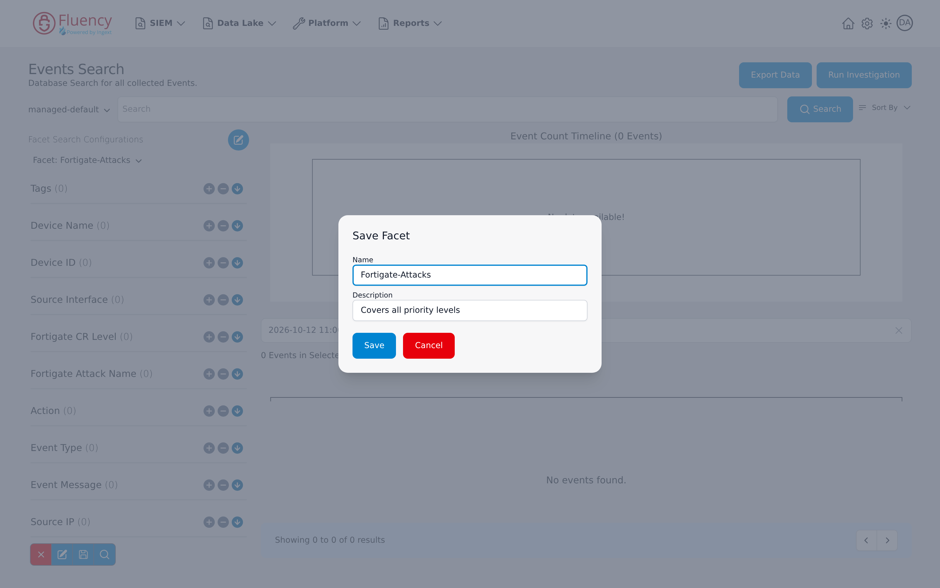 Save Facet dialog with Name and Description fields and Save and Cancel buttons