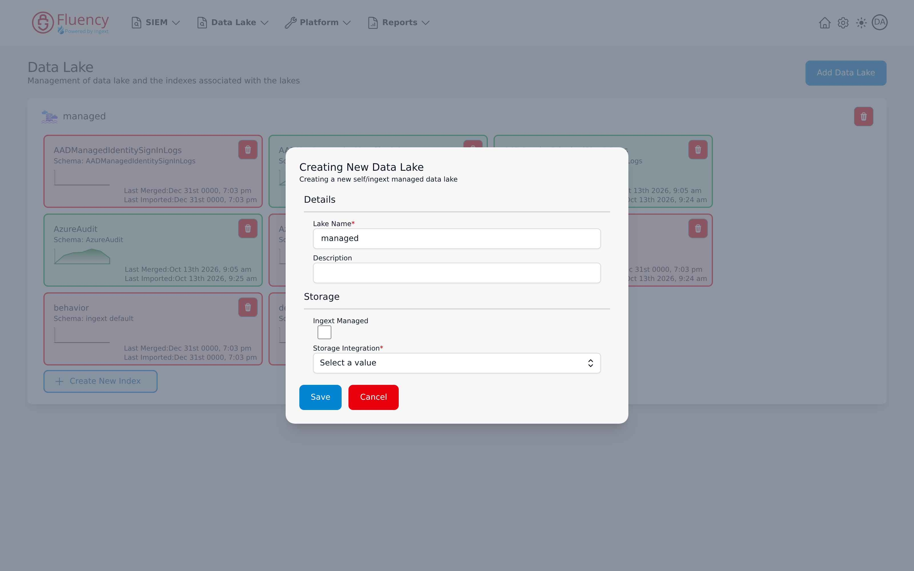Creating New Data Lake dialog with Ingext Managed unticked, showing an editable Lake Name and the Storage Integration drop-down