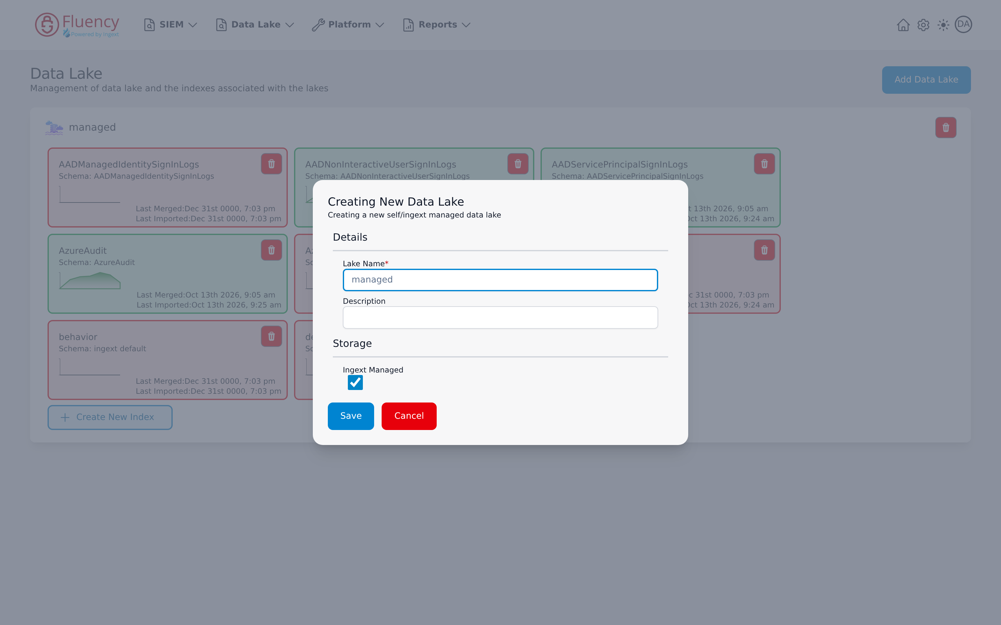 Creating New Data Lake dialog with Lake Name, Description, and Ingext Managed fields