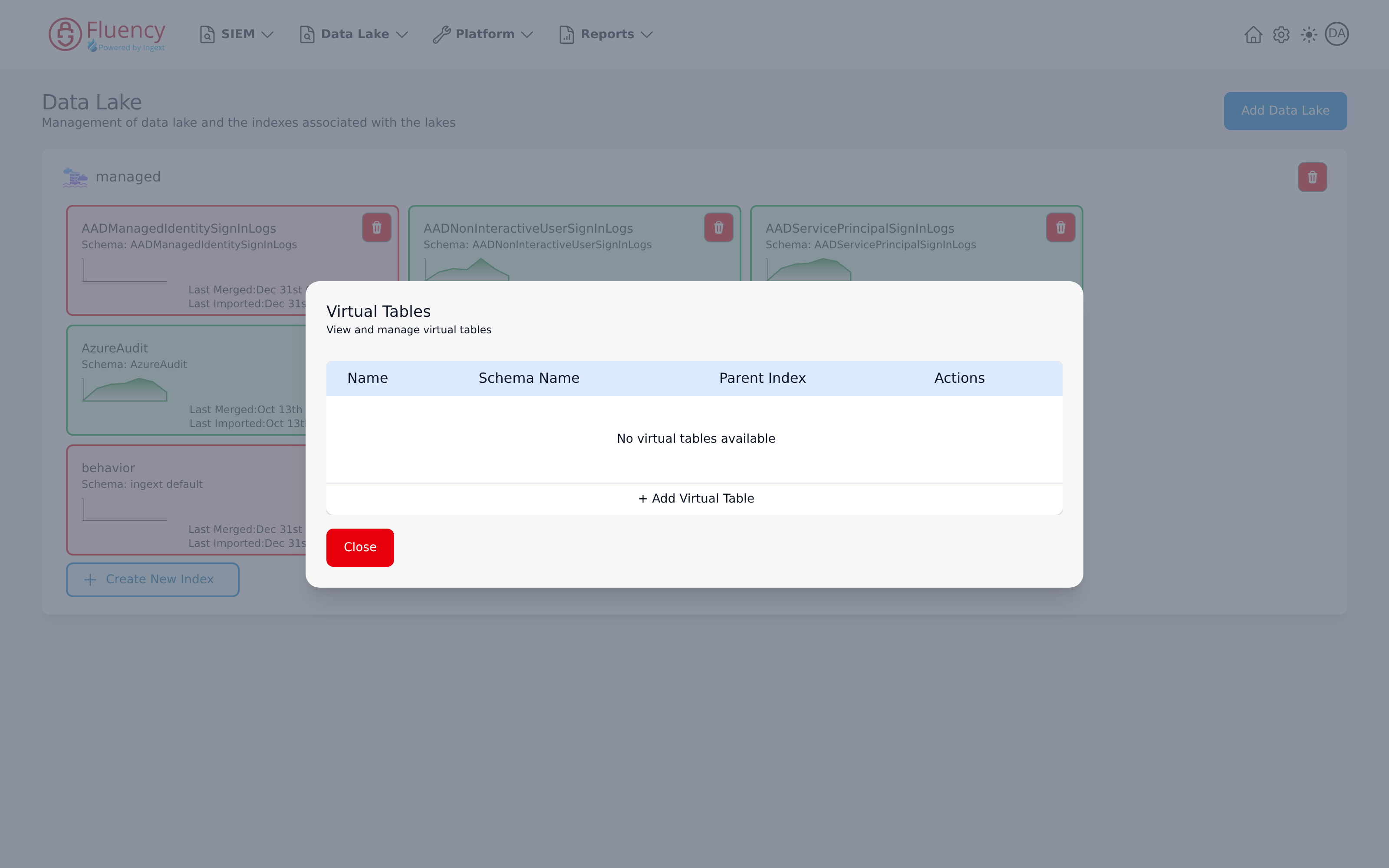 Virtual Tables dialog with an empty table and an Add Virtual Table action
