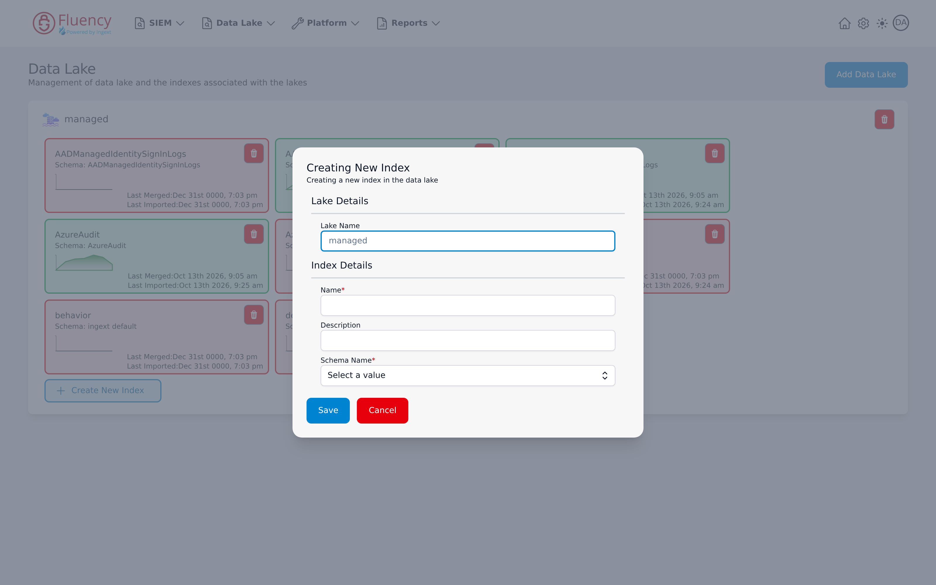 Creating New Index dialog with the lake name filled in and the Name, Description, and Schema Name fields