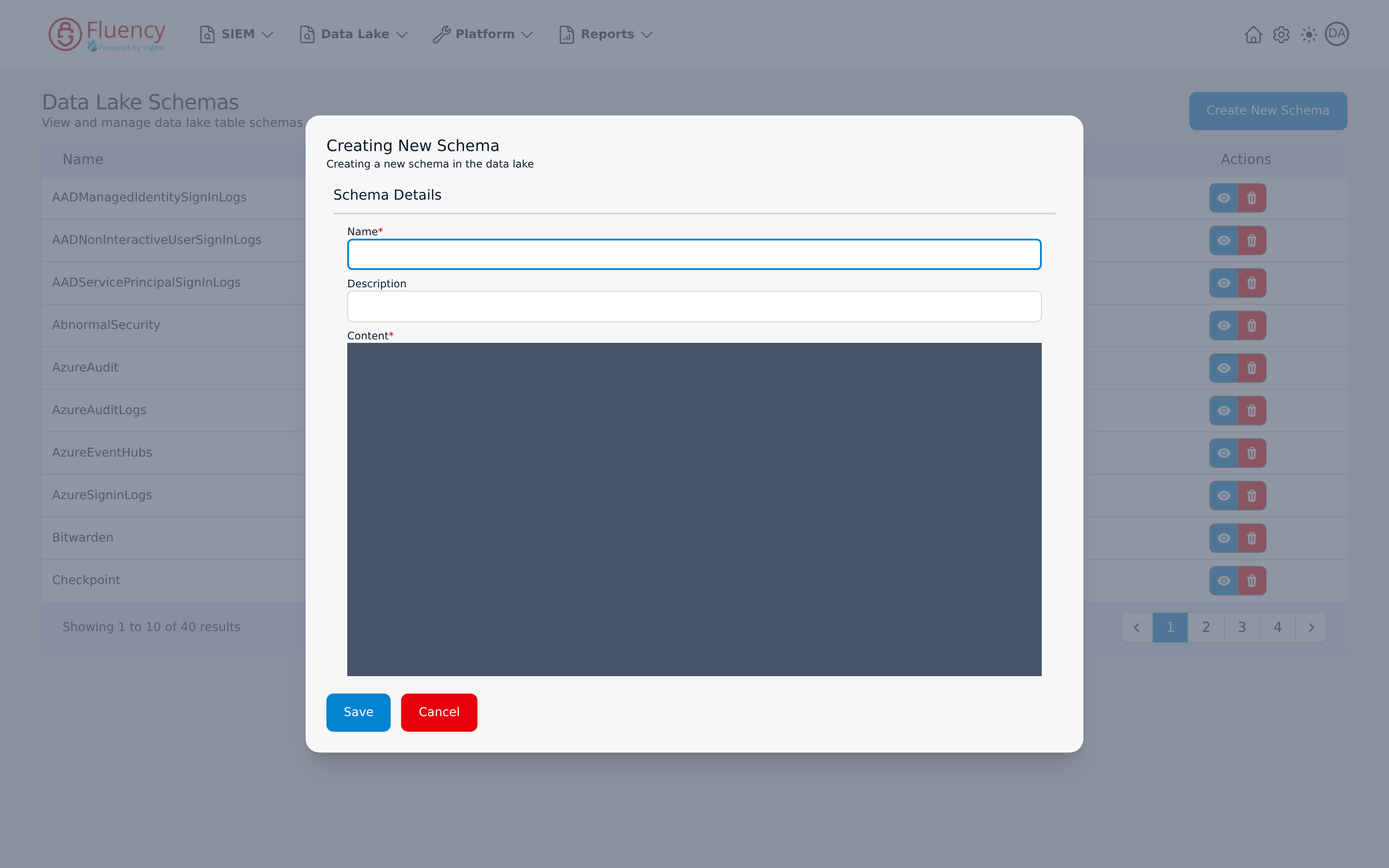 Creating New Schema dialog with empty Name, Description, and Content fields
