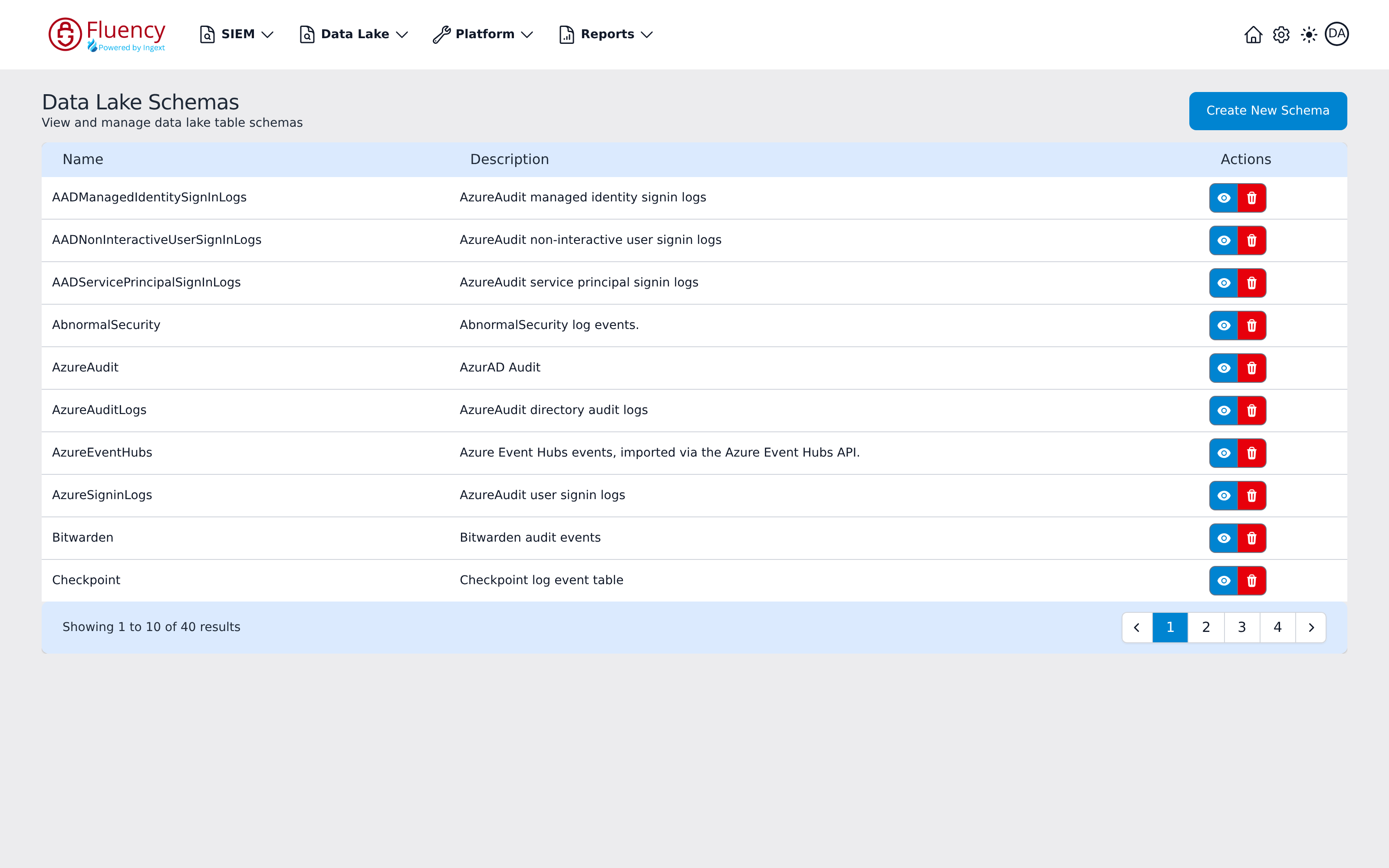 Data Lake Schemas page listing schemas with descriptions and per-row view and delete buttons