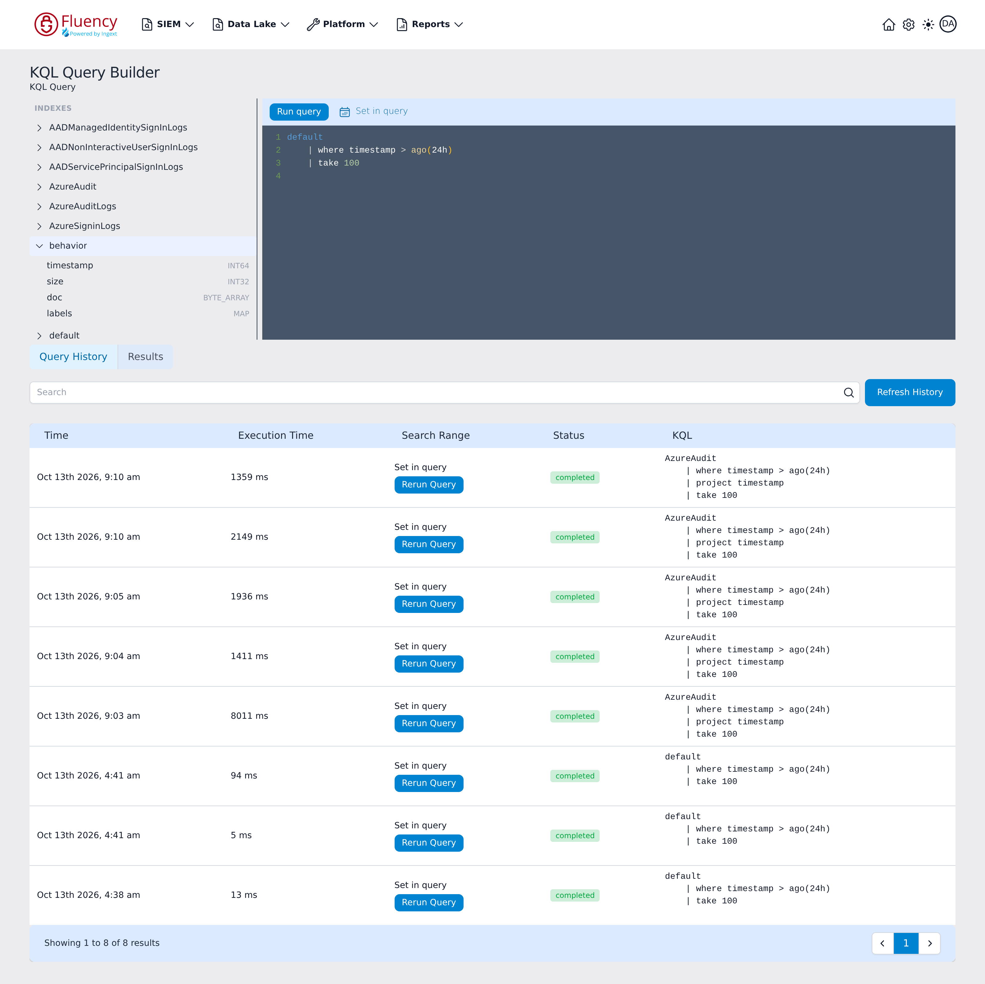 Behavior index expanded in the INDEXES panel, listing its columns and types