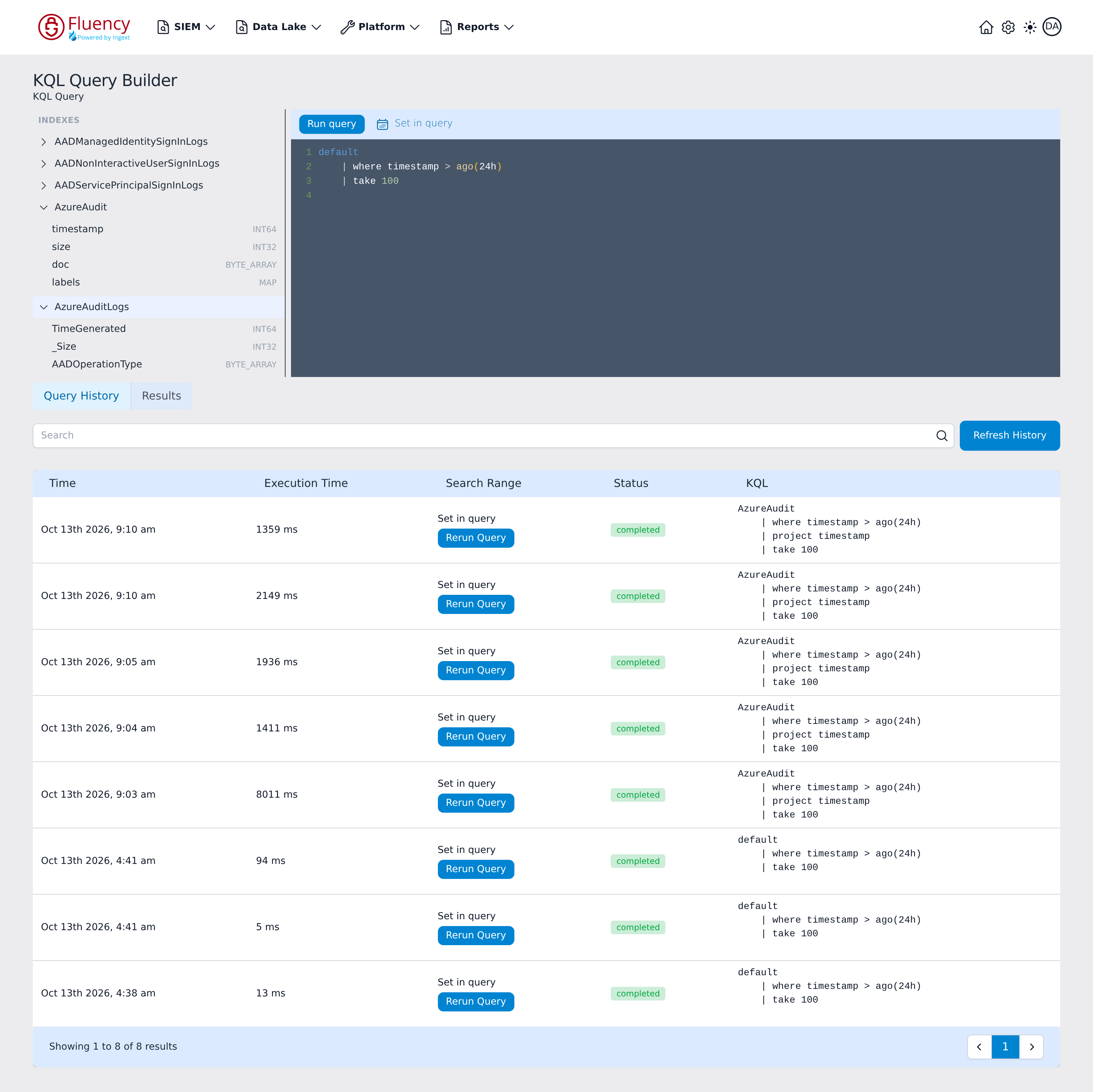 AzureAudit and AzureAuditLogs both expanded in the INDEXES panel, with the AzureAuditLogs column list continuing below the fold