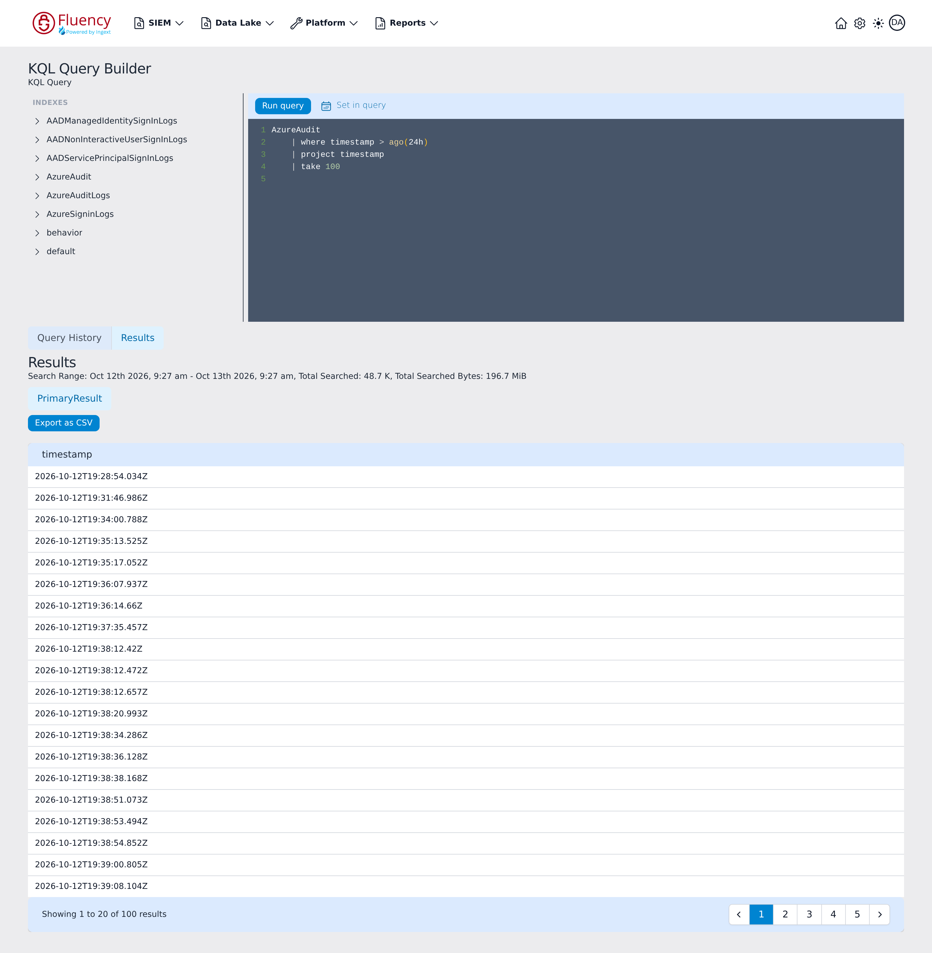 Results tab after rerunning an AzureAudit query from history, with that query loaded in the editor and its records listed