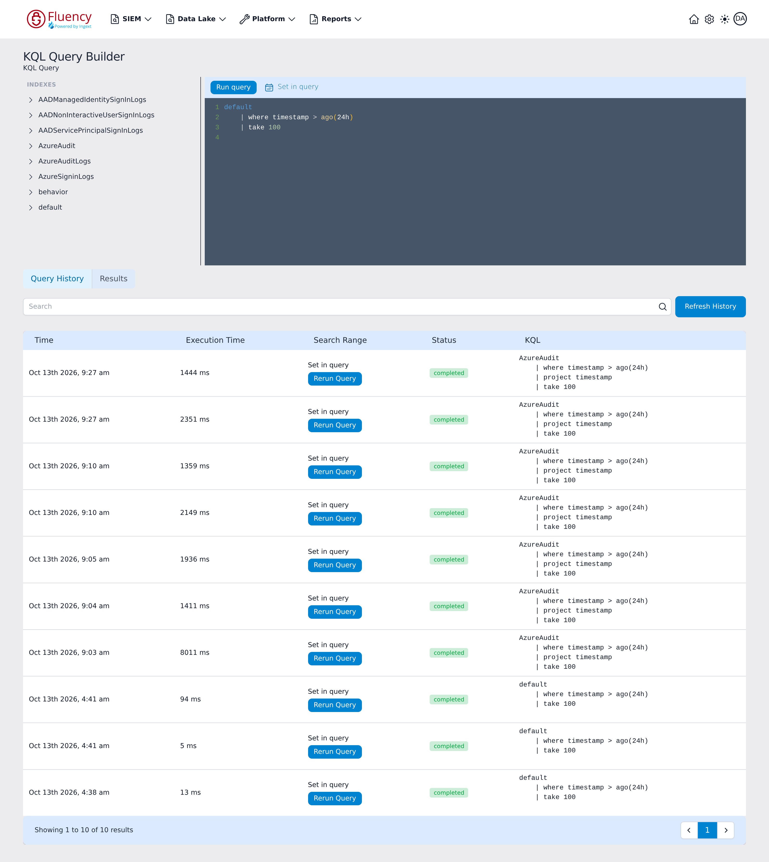 KQL Query Builder page with the index list, KQL editor, and Query History table