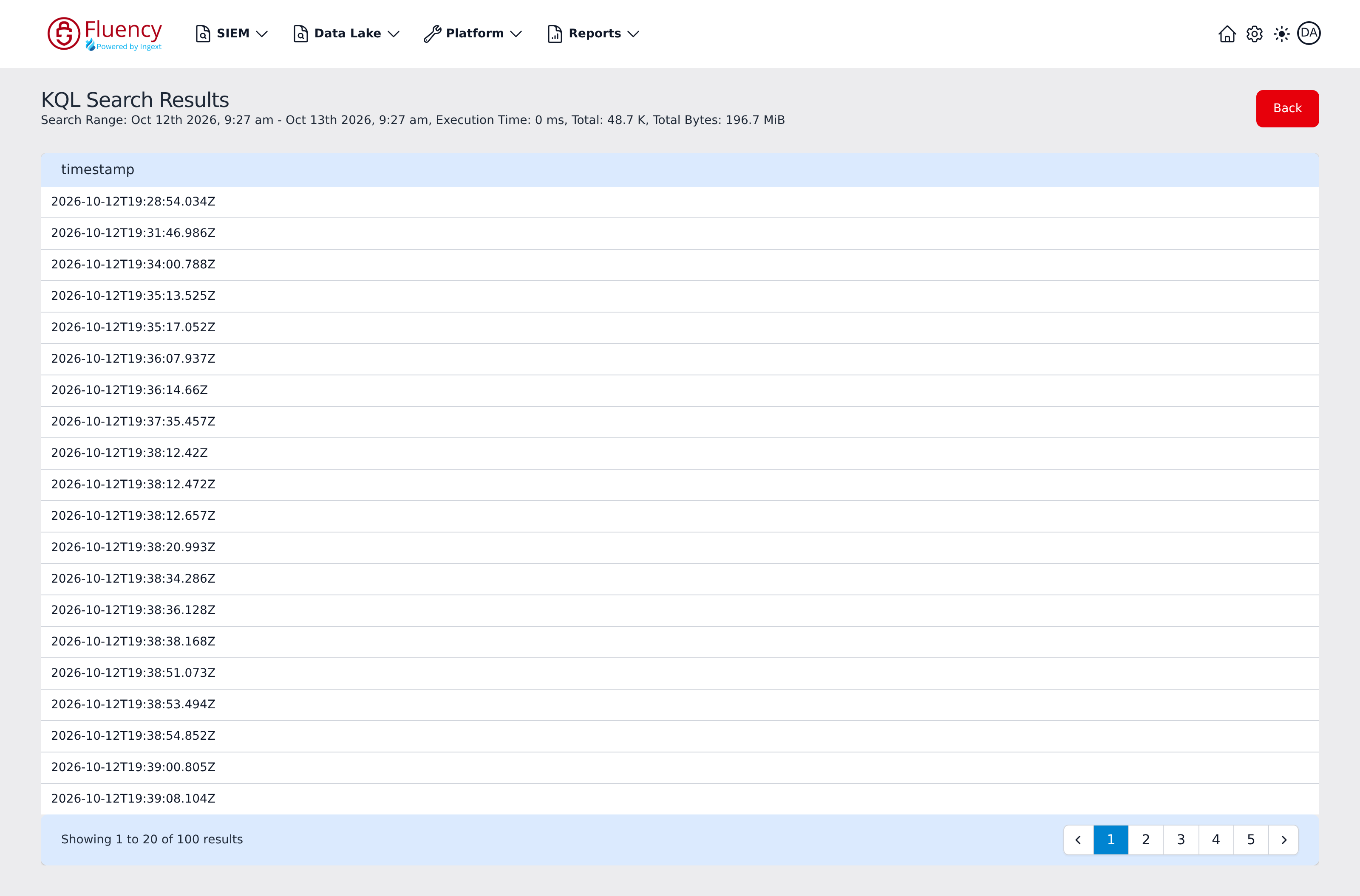 KQL Search Results page showing the search range summary, the returned timestamps, and the Back button