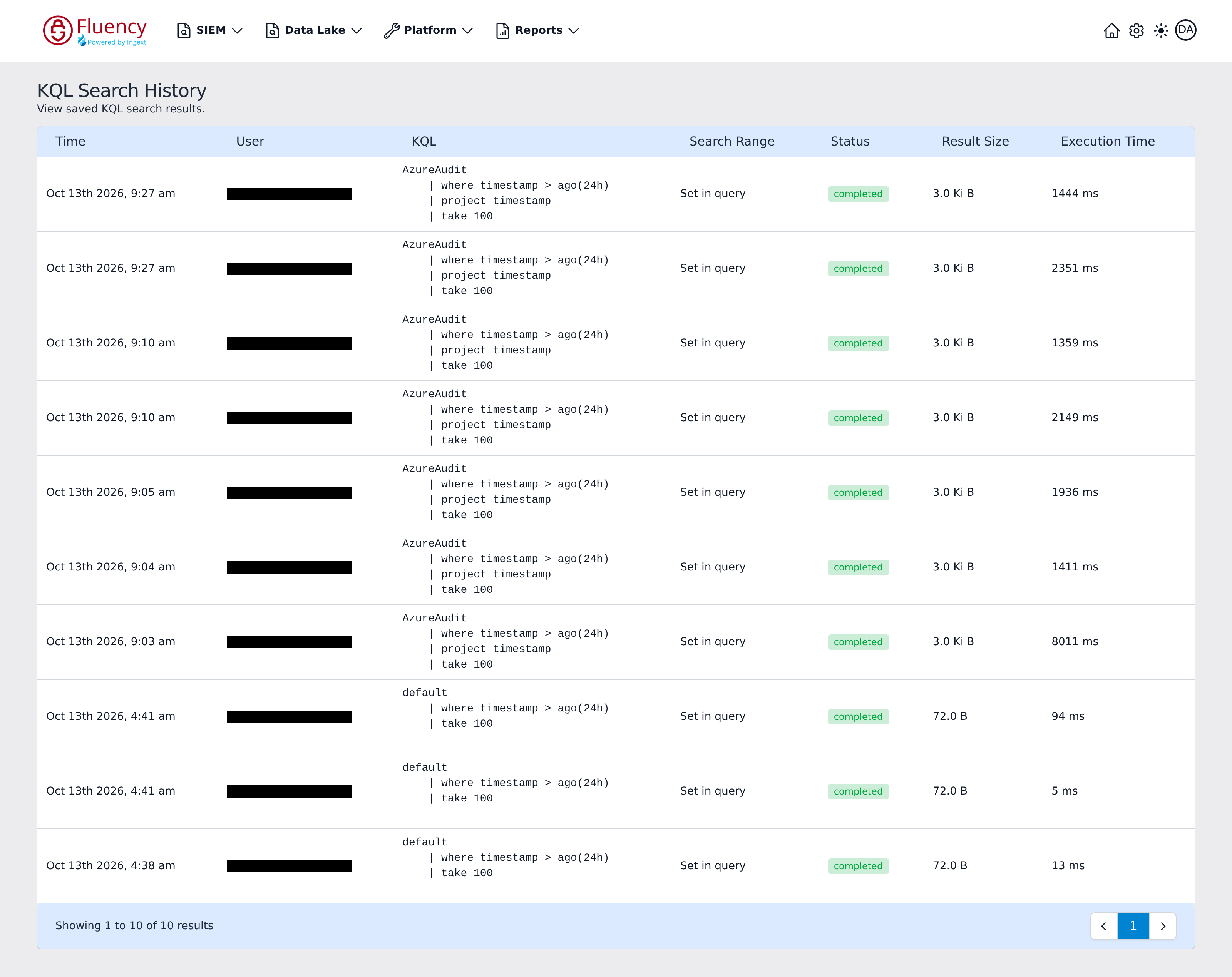 KQL Search History page listing saved KQL searches with their time, user, query text, search range, status, result size, and execution time