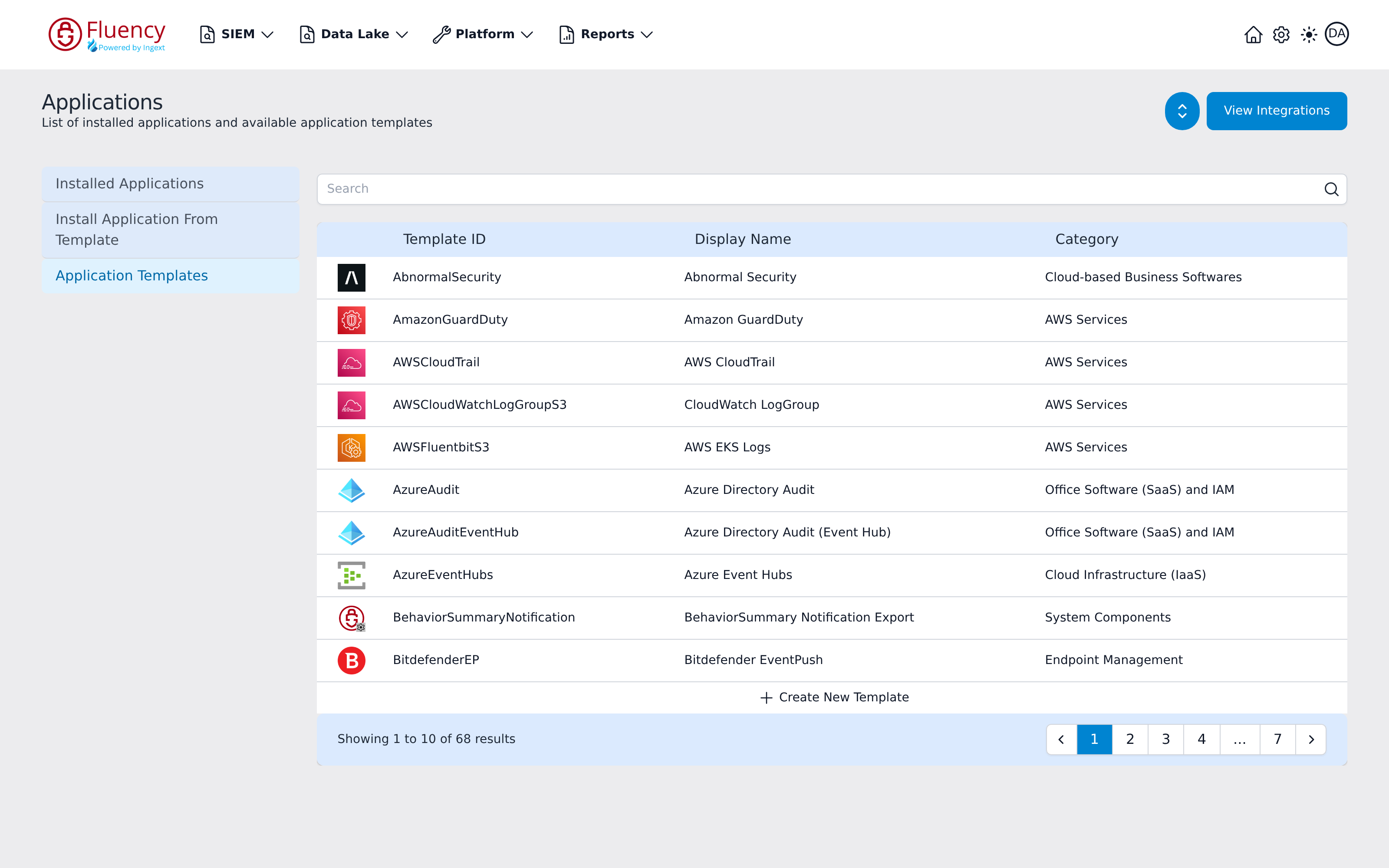 Application Templates view showing the template table with Template ID, Display Name and Category columns, the Create New Template row, and pagination