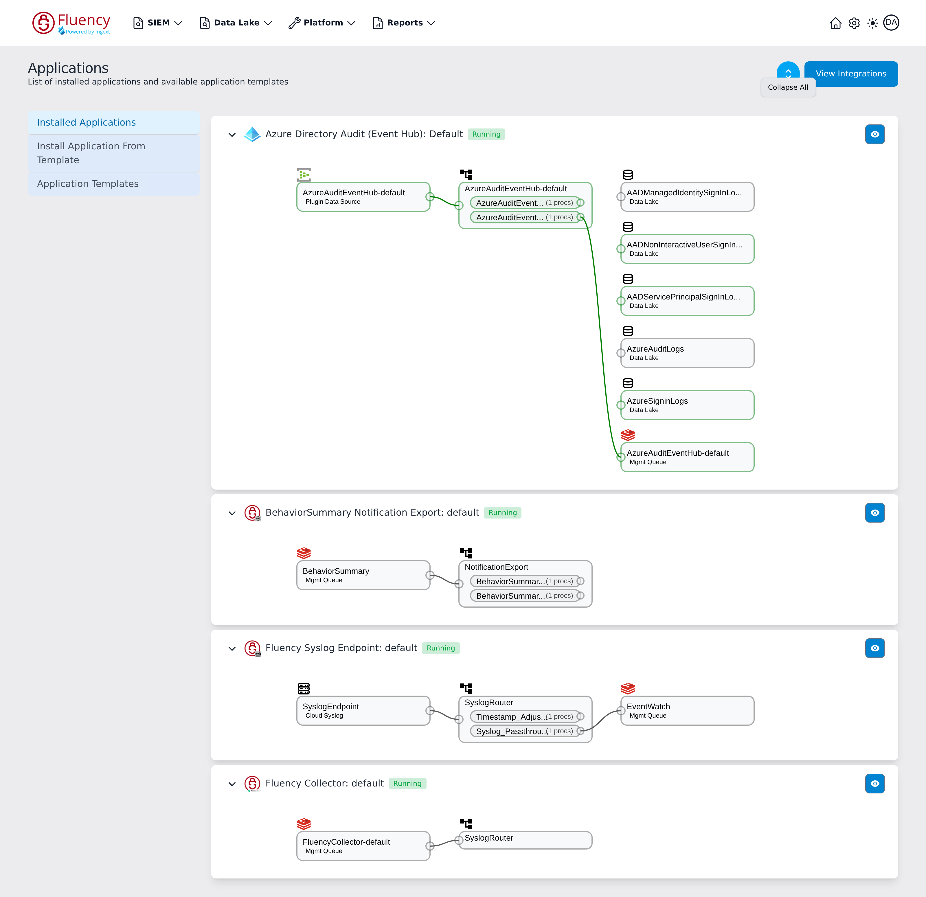 Applications page with every application card expanded, each showing the pipeline diagram for that application, and the Collapse All tooltip under the round chevron button