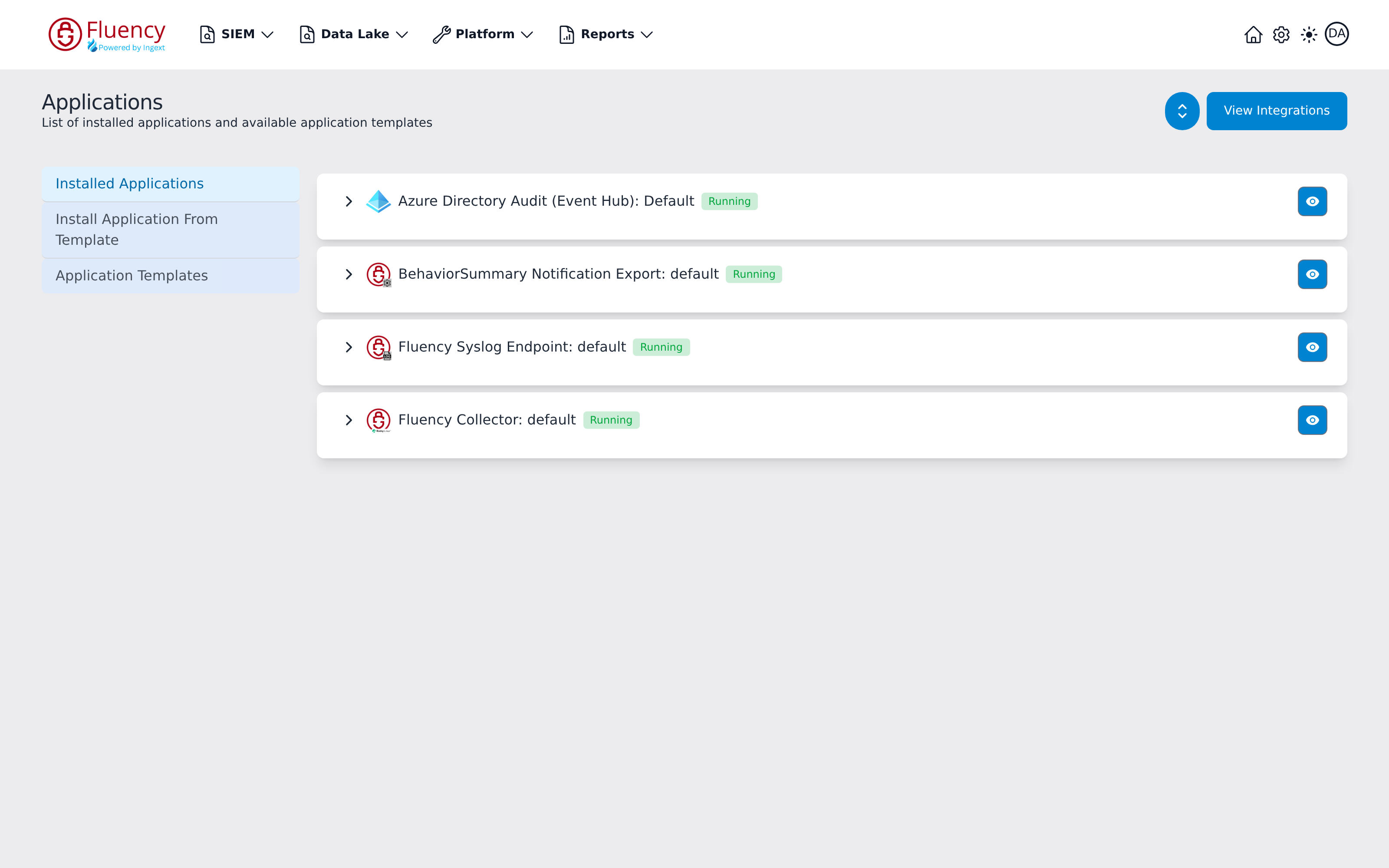 Applications page showing the Installed Applications view, with four installed applications listed as collapsed cards, each with a Running badge and a blue eye button