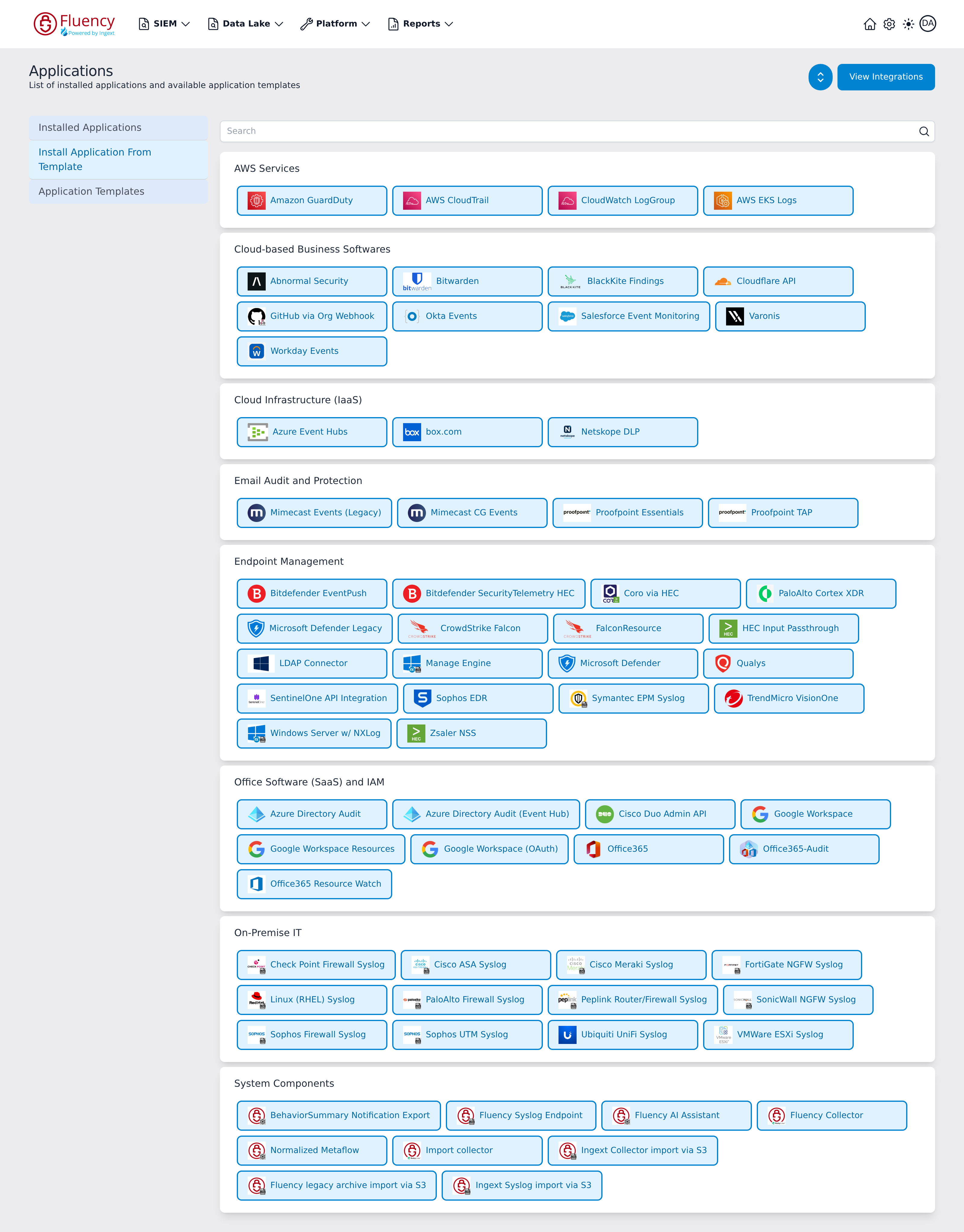 Install Application From Template view showing the search box and the template catalog grouped into category cards
