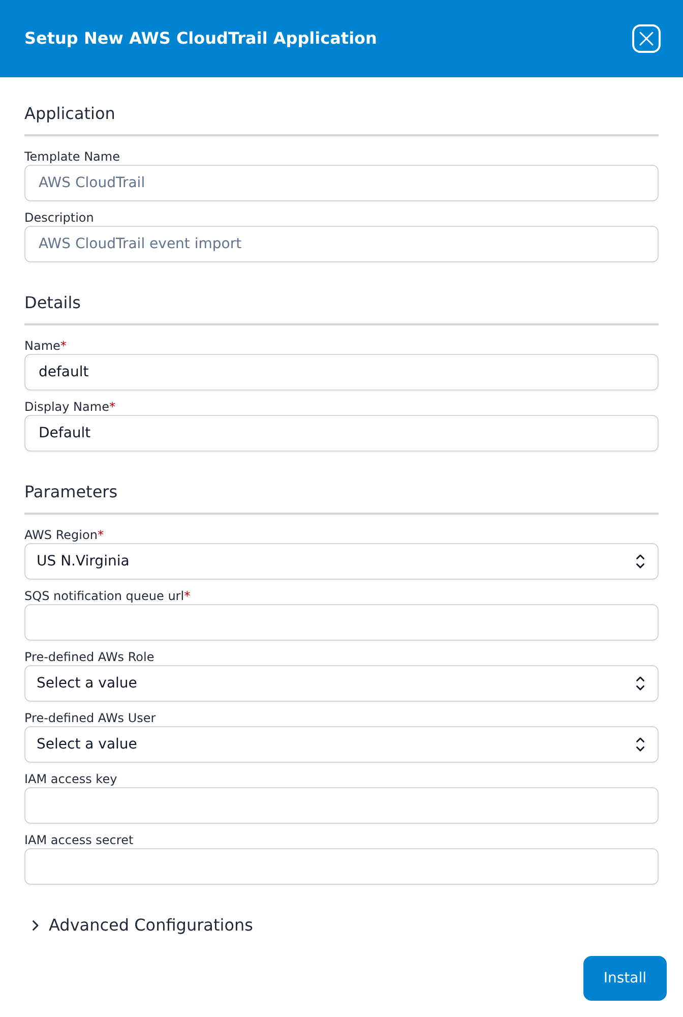 Setup New AWS CloudTrail Application panel showing the Application, Details and Parameters sections, the collapsed Advanced Configurations row and the Install button