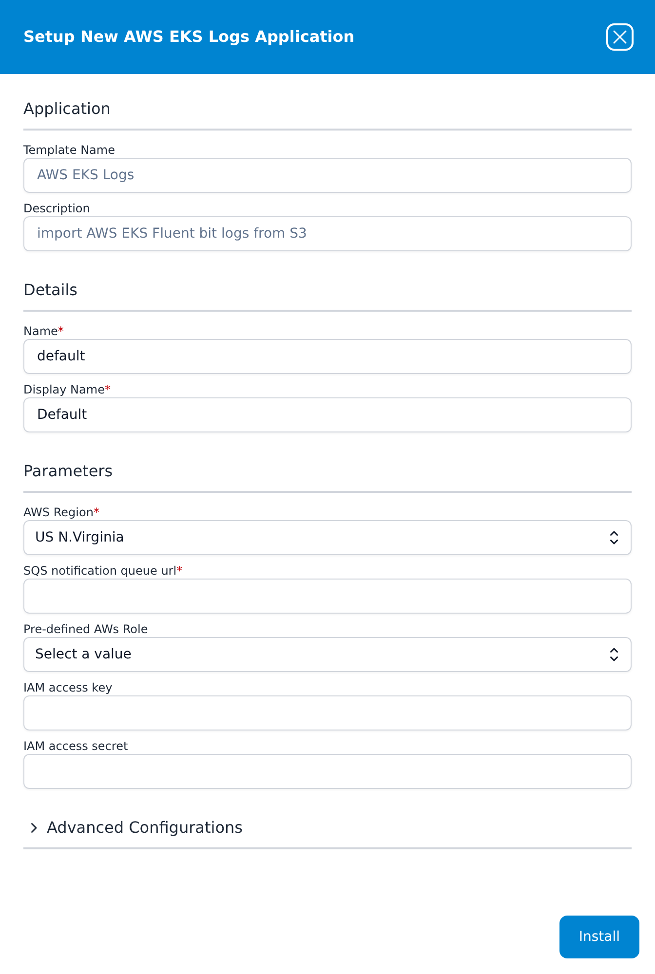 Setup New AWS EKS Logs Application panel