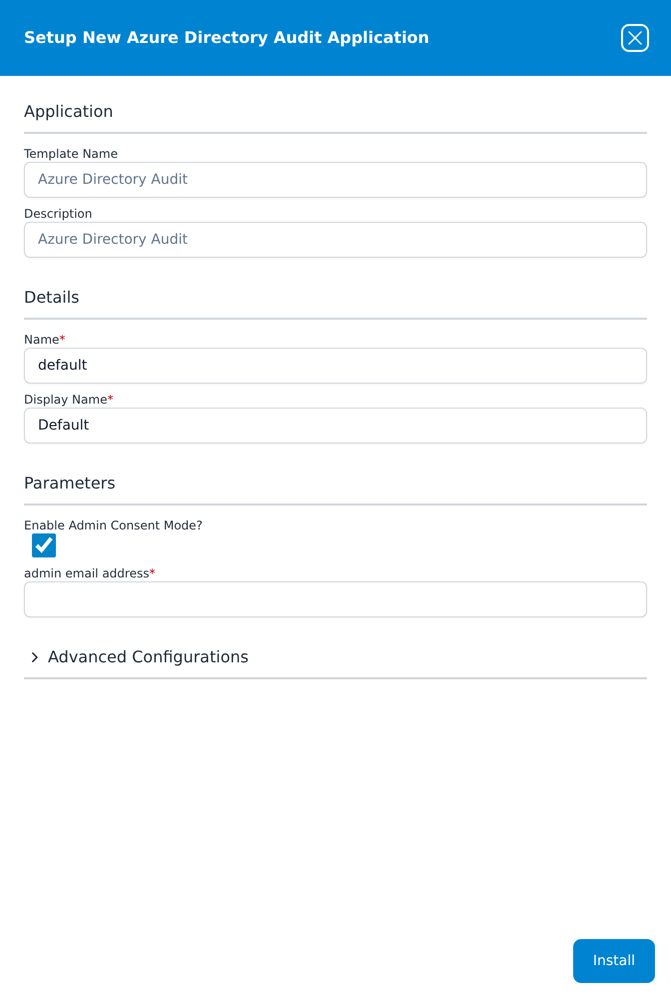 Setup New Azure Directory Audit Application panel with Enable Admin Consent Mode ticked, an admin email address field, and a datalake index name of AzureAudit