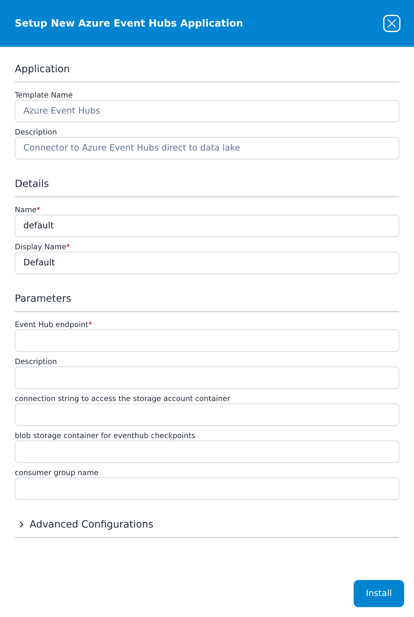 Setup New Azure Event Hubs Application panel