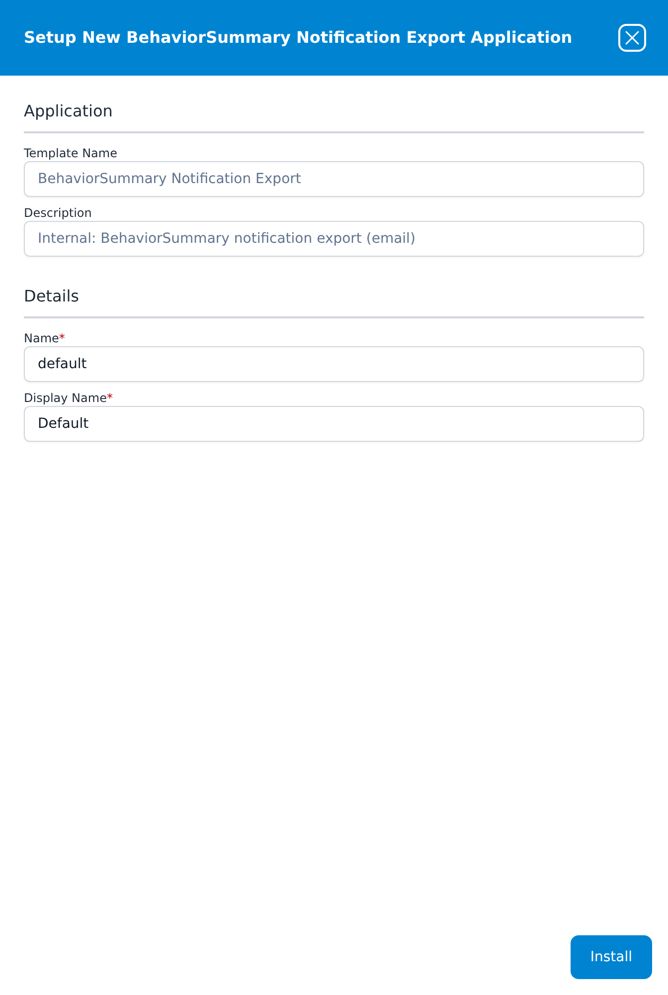 Setup New BehaviorSummary Notification Export Application panel