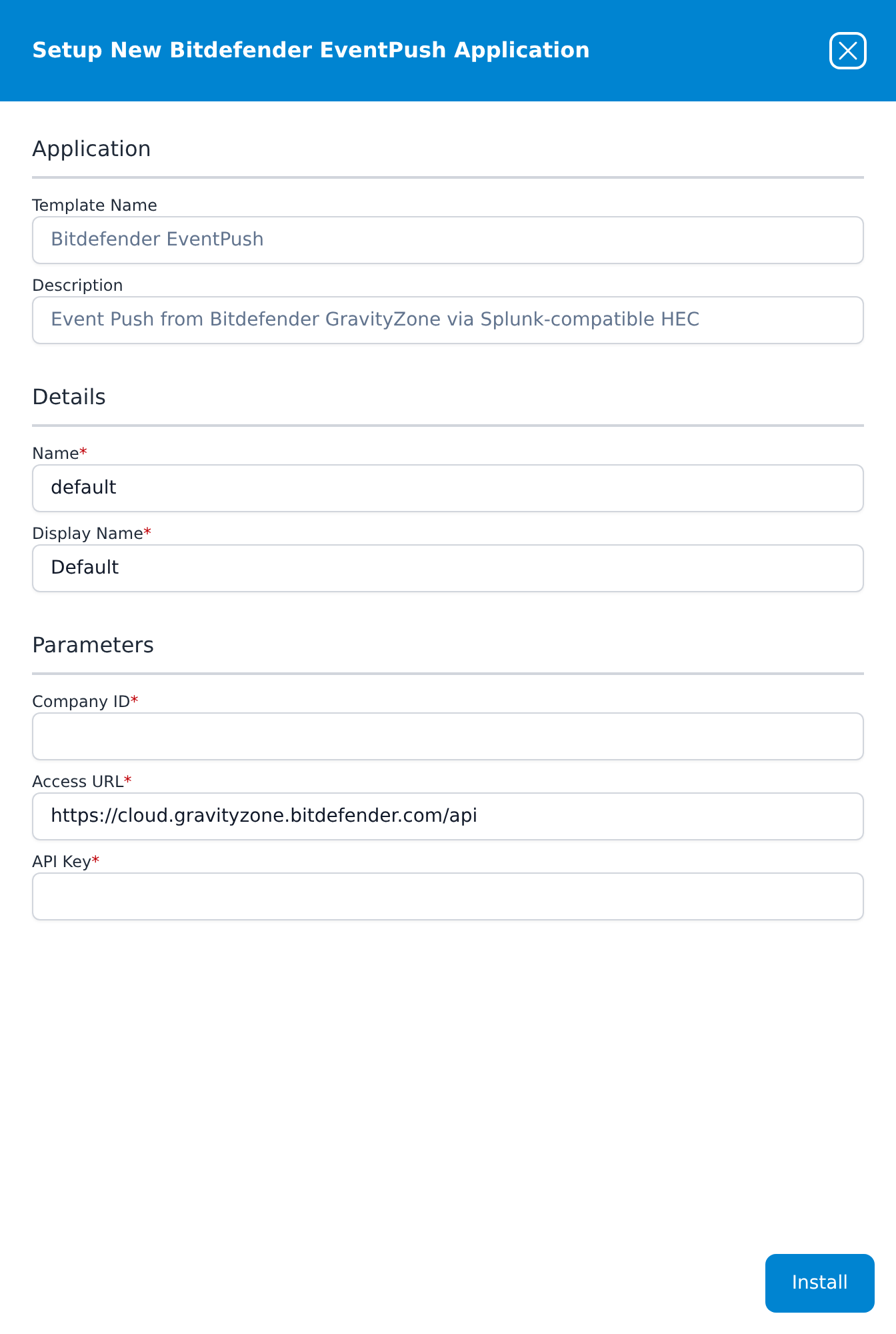 Setup New Bitdefender EventPush Application panel with Company ID, Access URL and API Key fields