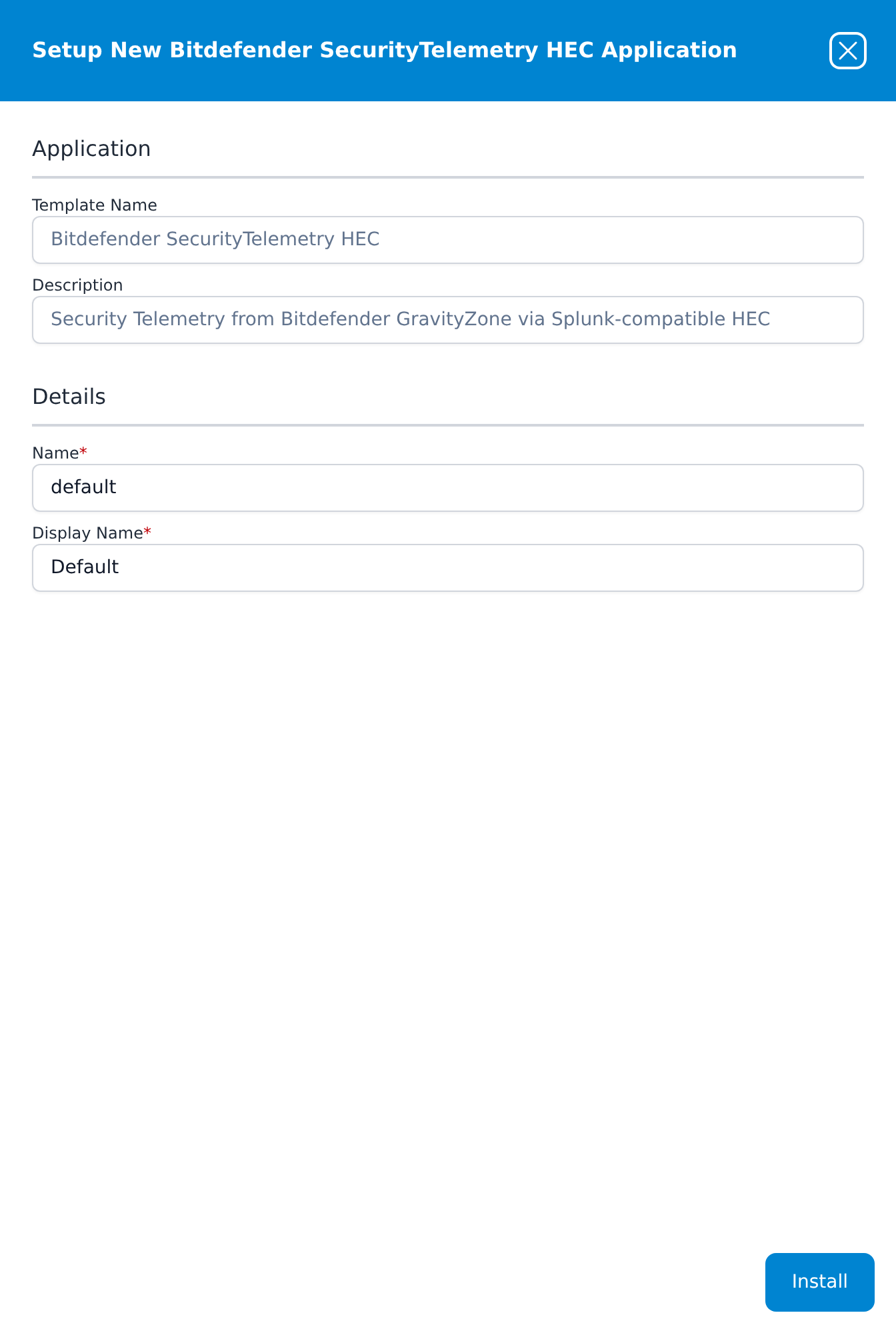 Setup New Bitdefender SecurityTelemetry HEC Application panel, which has no parameters