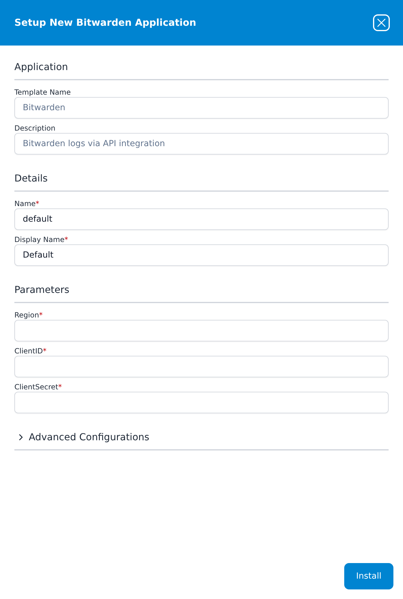 Setup New Bitwarden Application panel