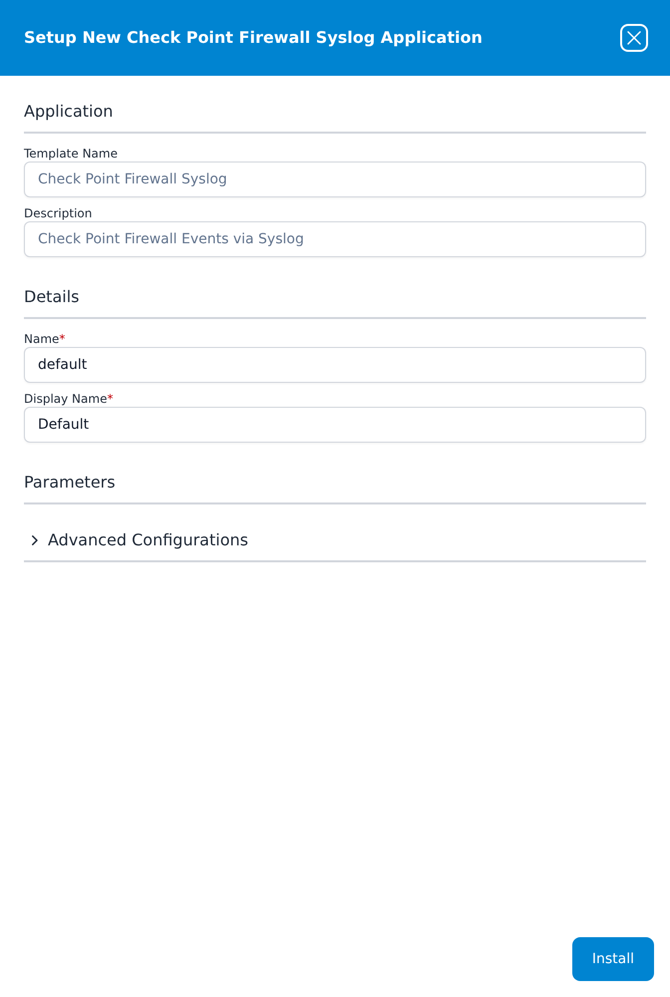Setup New Check Point Firewall Syslog Application panel