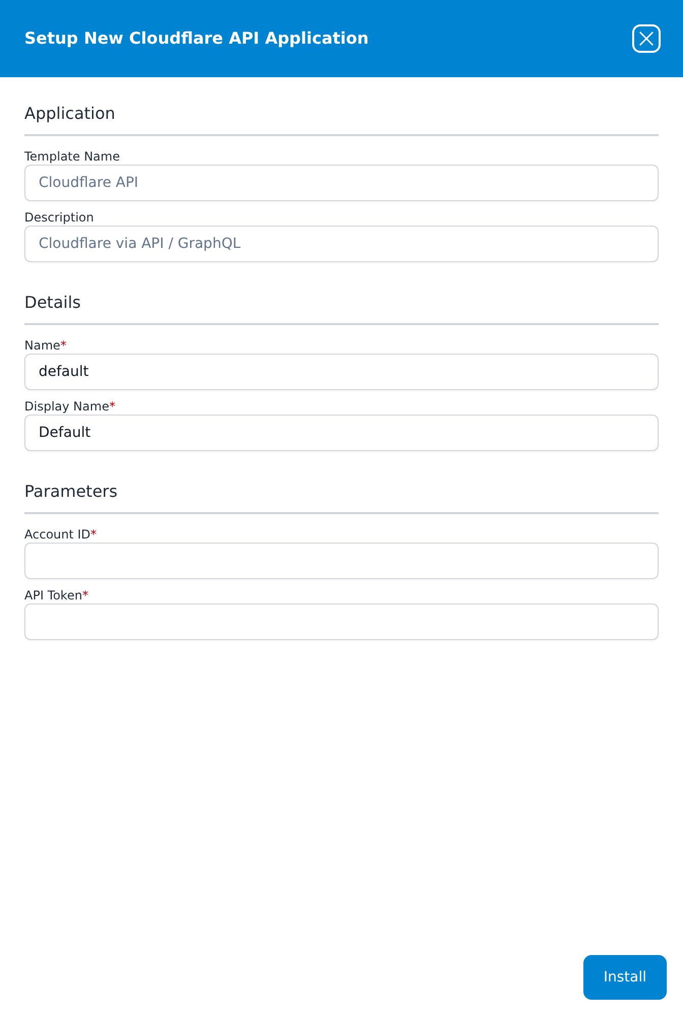 Setup New Cloudflare API Application panel