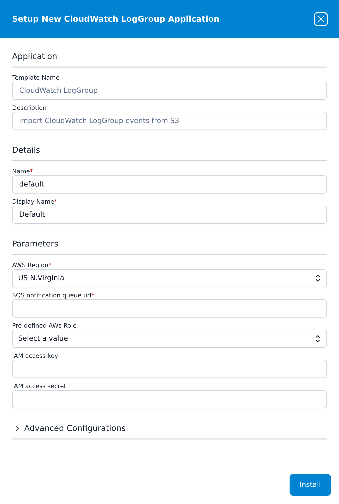 Setup New CloudWatch LogGroup Application panel