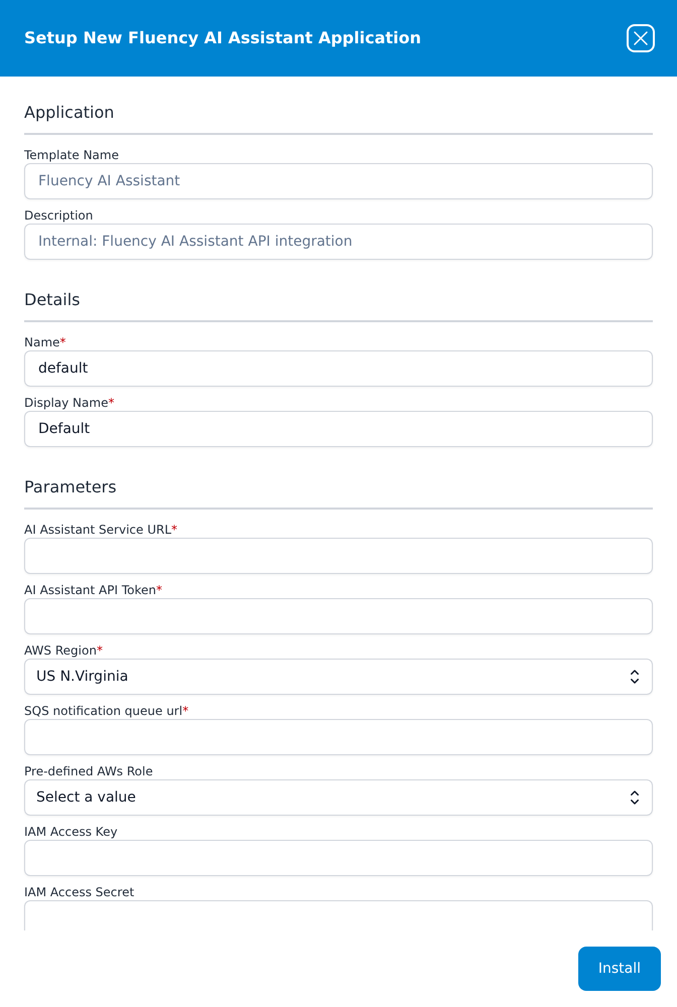 Setup New Fluency AI Assistant Application panel