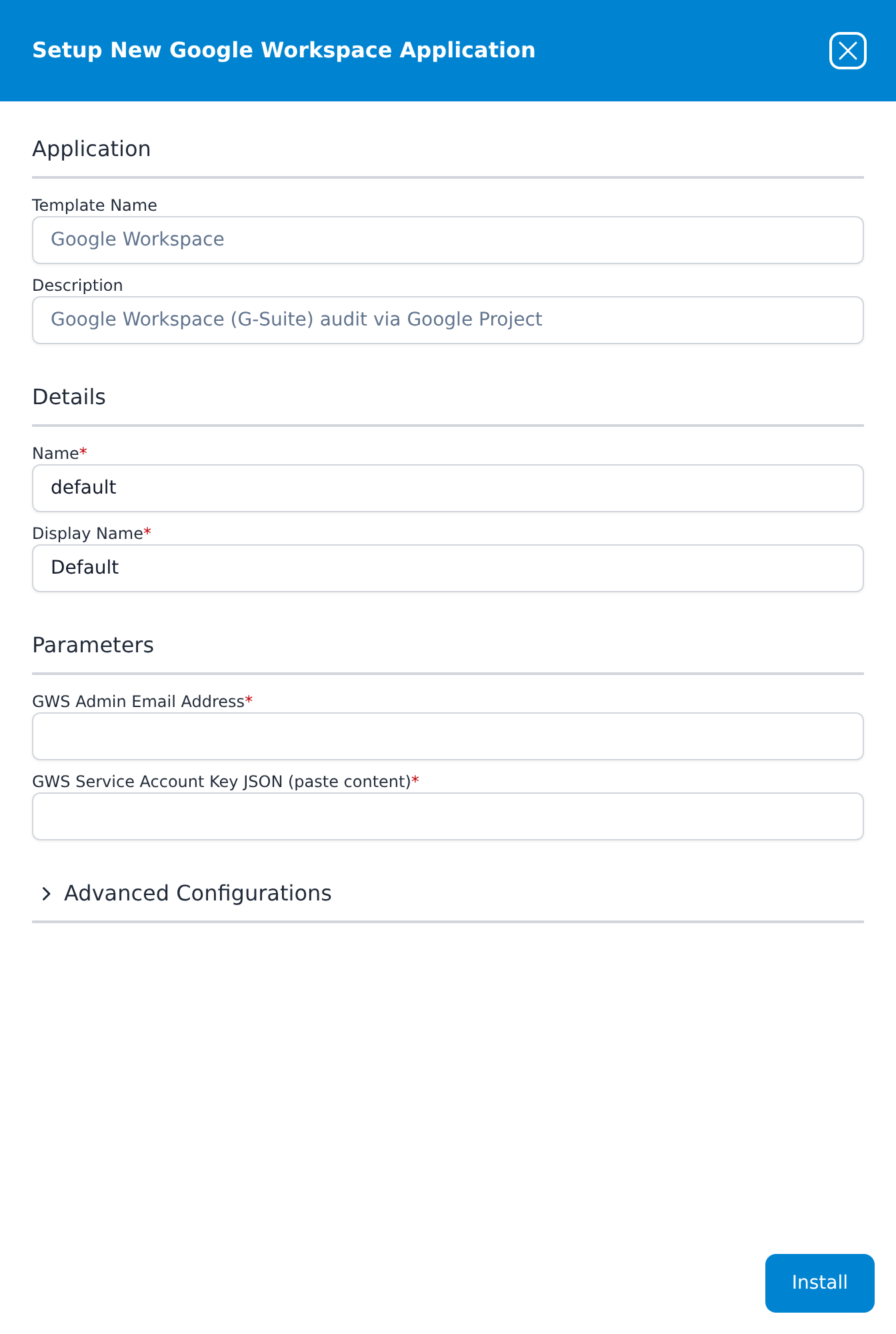Setup New Google Workspace Application panel
