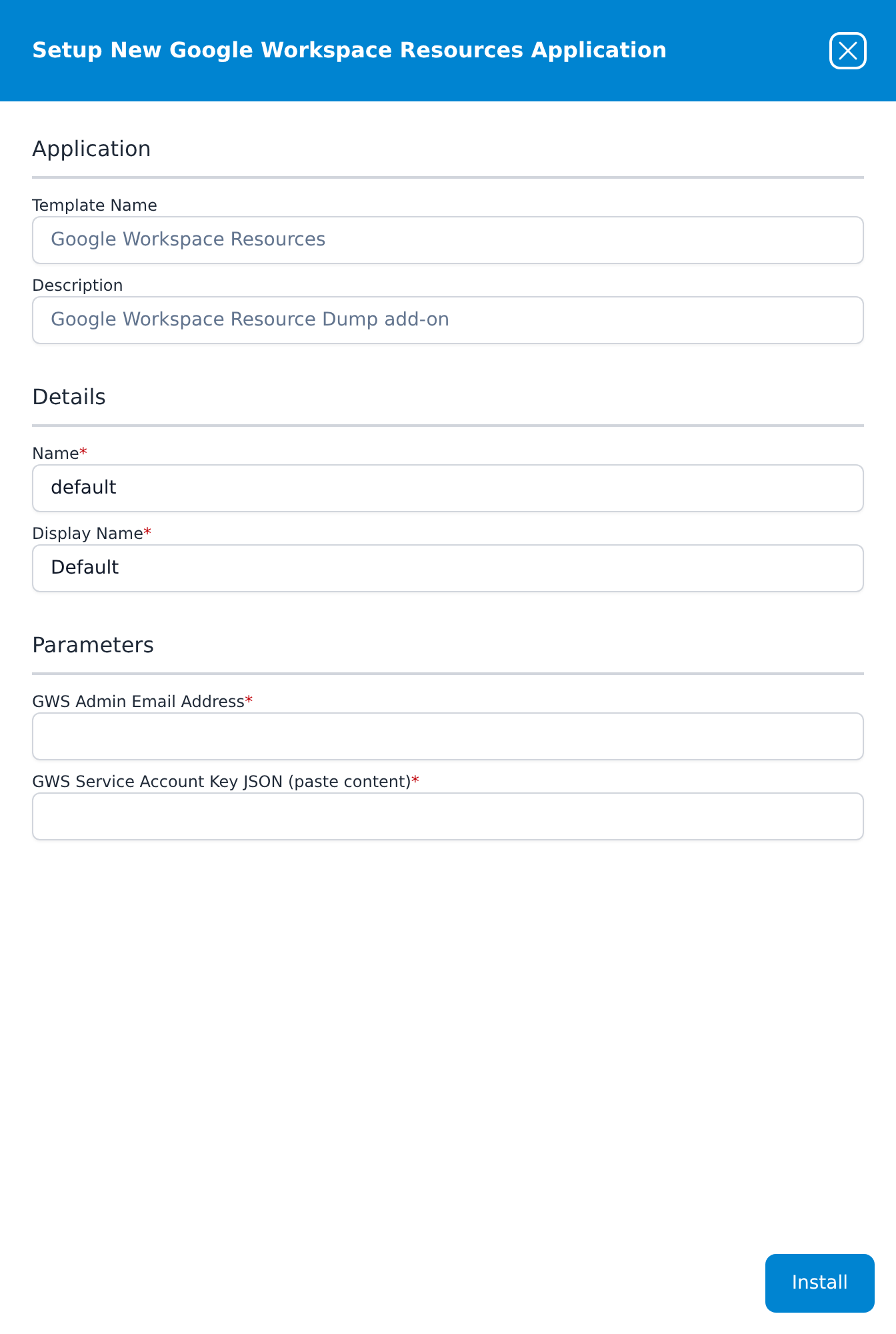Setup New Google Workspace Resources Application panel with the GWS Admin Email Address and GWS Service Account Key JSON fields and no Advanced Configurations row