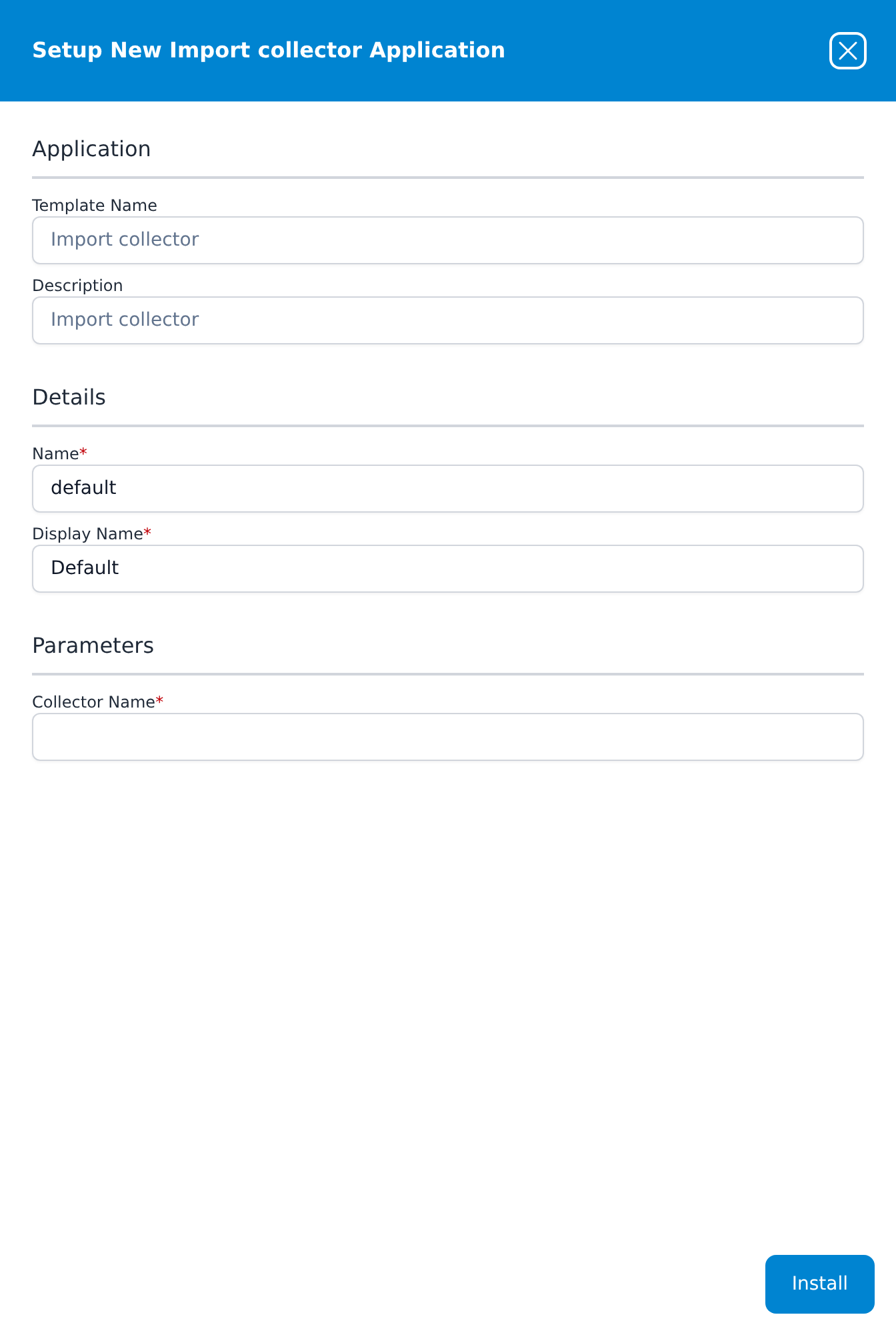 Setup New Import collector Application panel