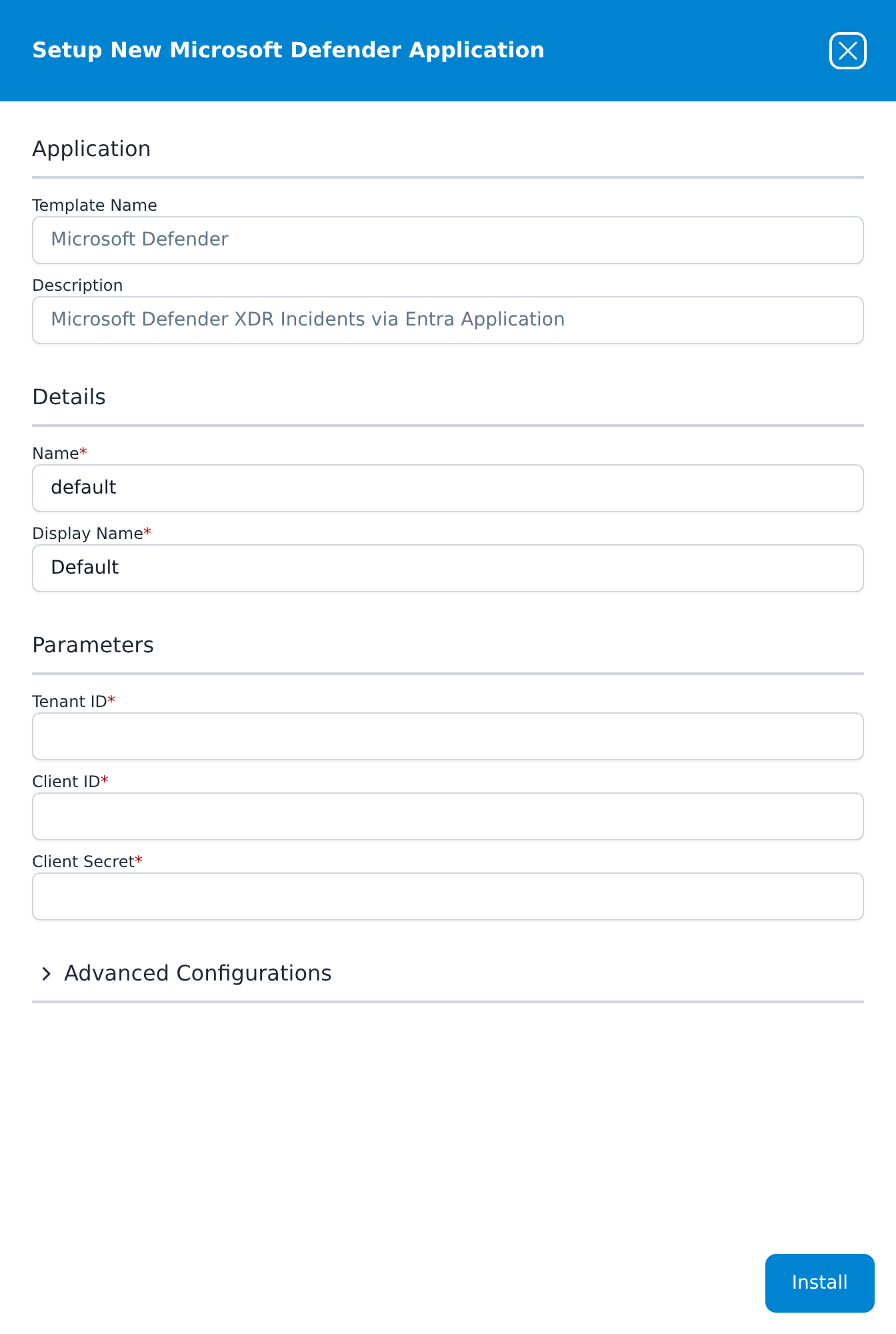 Setup New Microsoft Defender Application panel